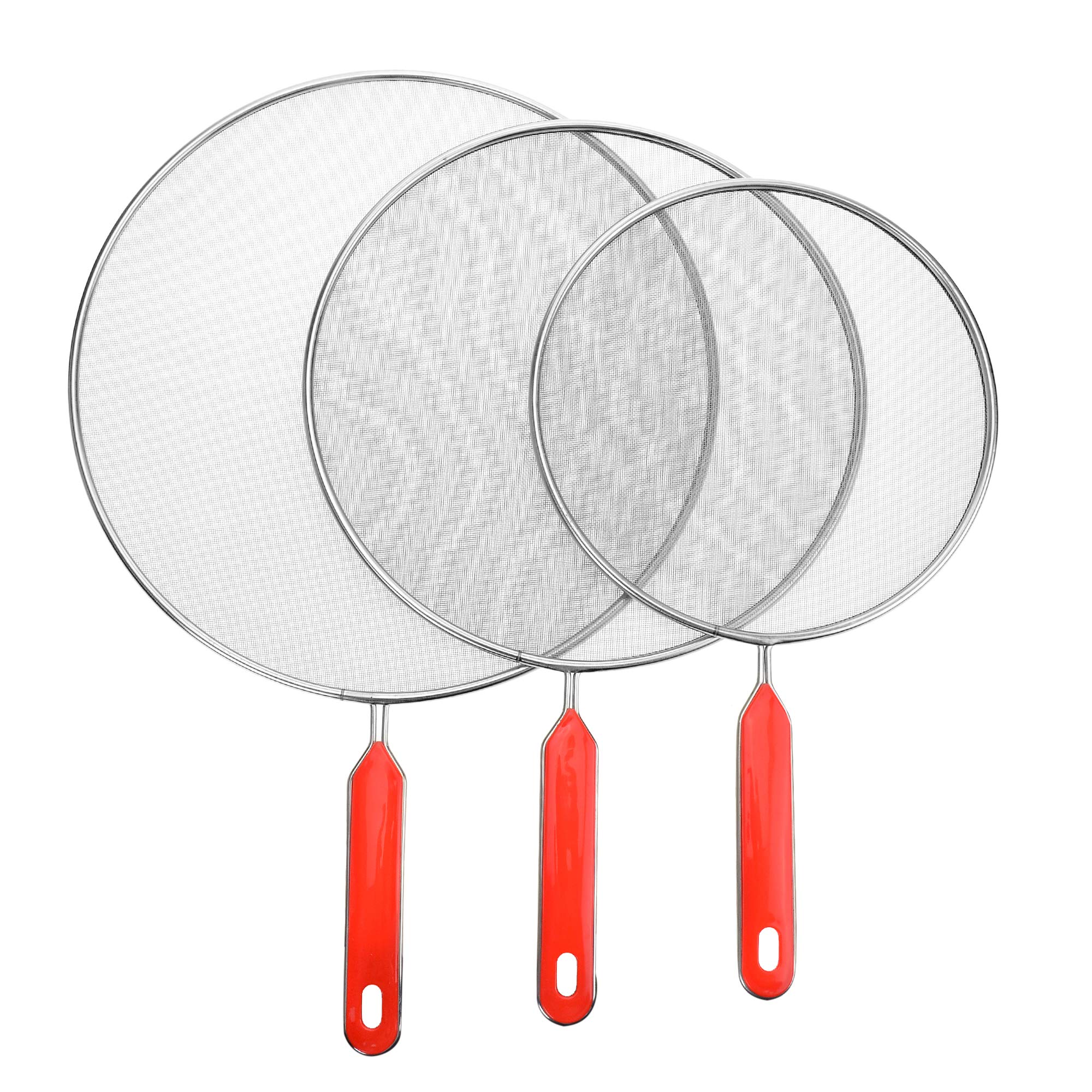 Roe & Moe Grease Splatter Screens Guards Shields Frying Pan Pot Cooking Oil Cover Skillet Lid - Stainless Steel Mesh Red Handle Set of 3: 8", 9.5", 11"