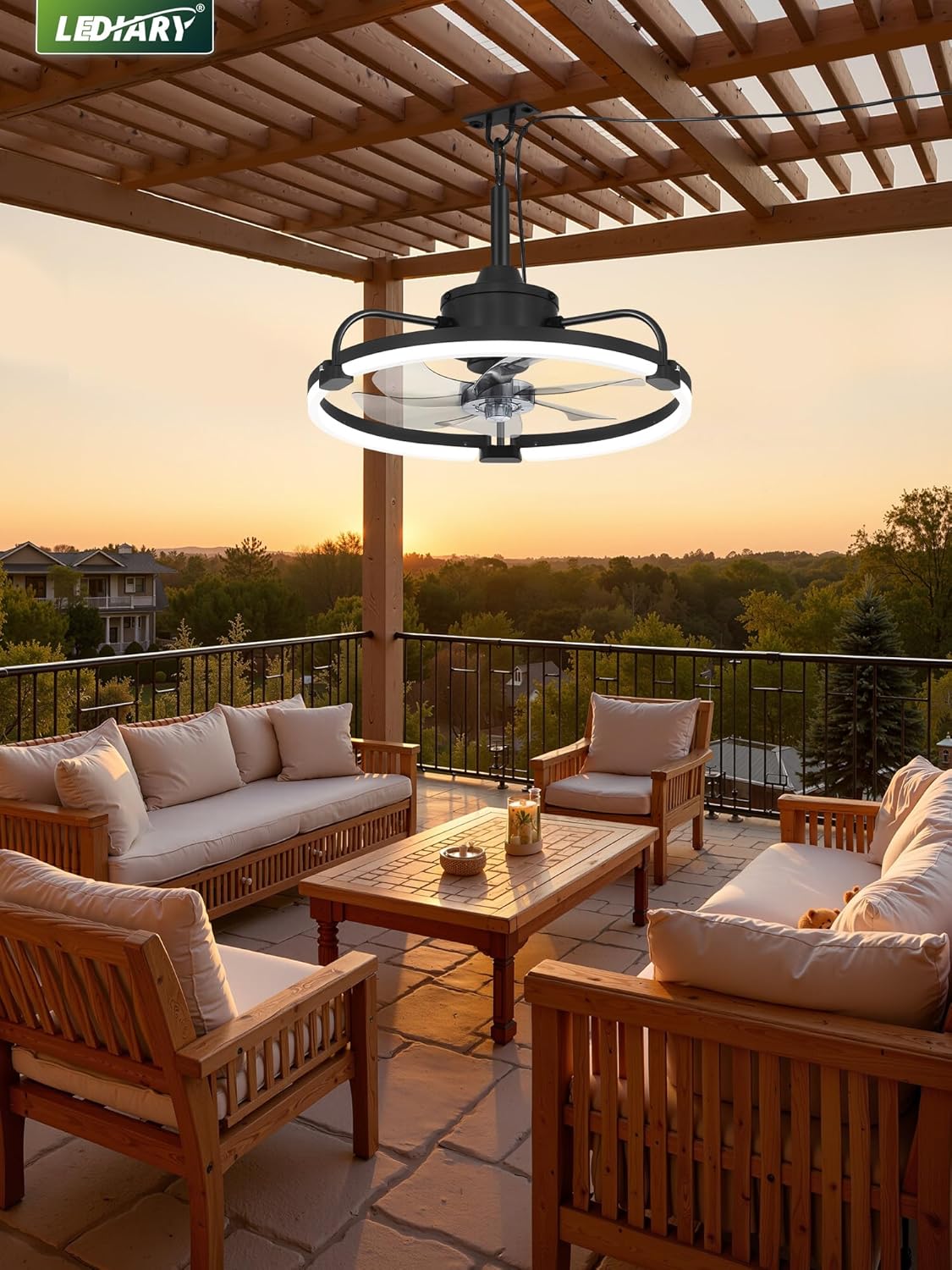 LEDIARY 20" Outdoor Ceiling Fan with Lights, IP65 Waterproof Gazebo Fan with Hanging Hook, Plug-in Ceiling Fan Remote&APP Control, 3CCT Dimmable, 6-Speeds, Caged Ceiling Fan for Gazebo,Patio,Pergola