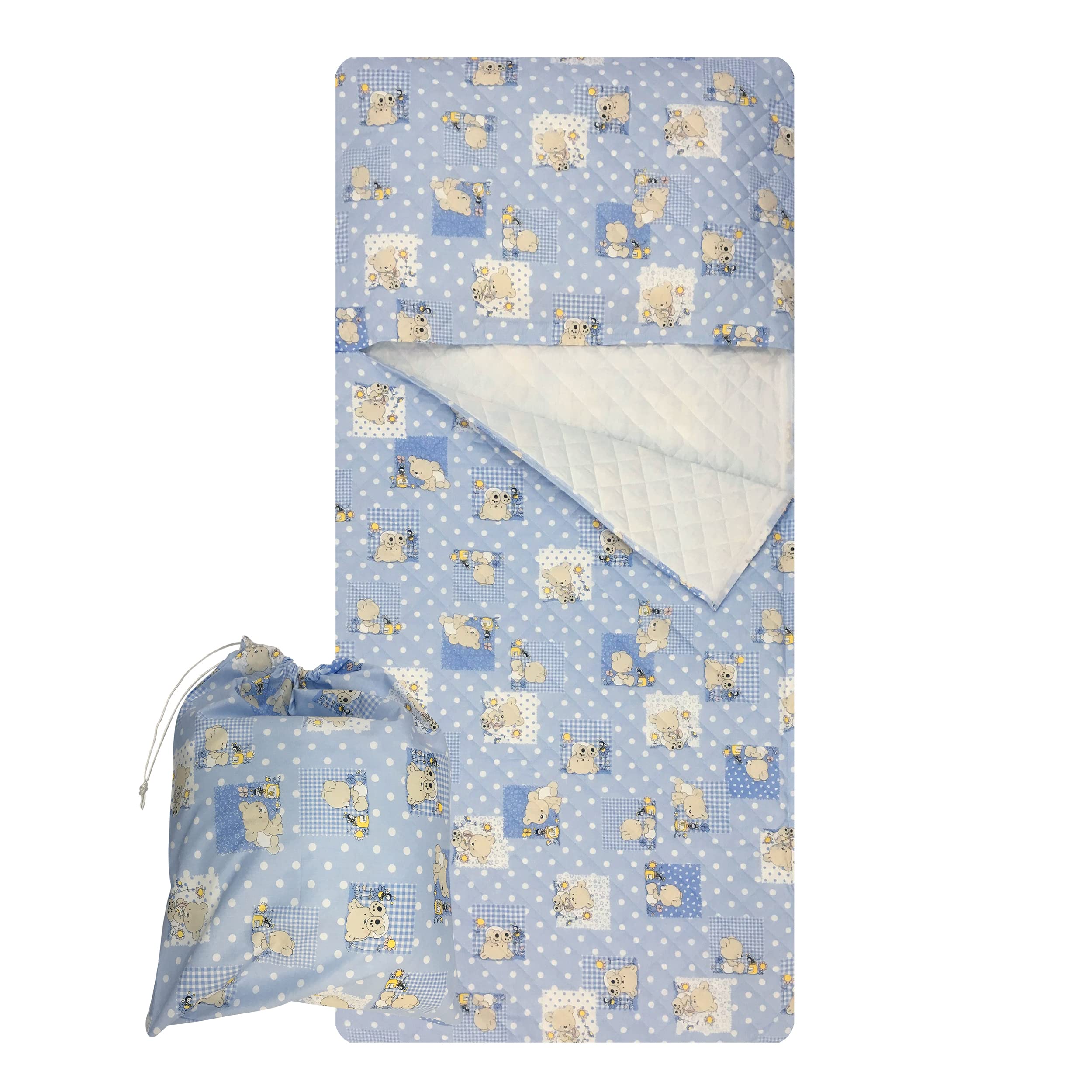 Panini Tessuti Saco de Dormir y Saco de guardería para bebés de 2 a 6 años - Tejido Acolchado 100% algodón, para Dormir en la guardería y en casa - Made in Italy (Saco de Dormir Osos Azules y Abejas