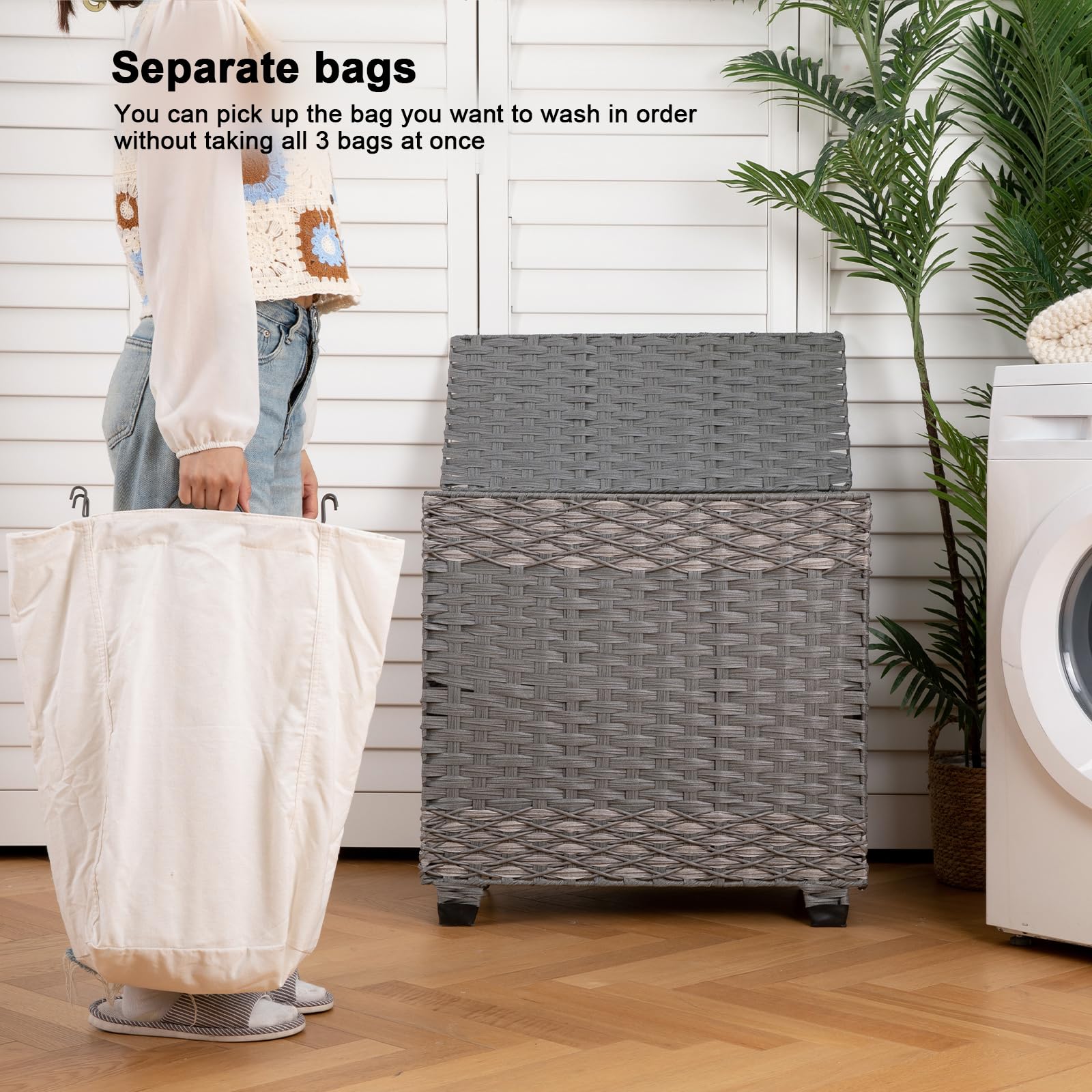 OIAHOMY Cesto portabiancheria con coperchio, 140 l, in rattan sintetico, con manici, cesto portabiancheria grande intrecciato a mano con 3 sacchetti rimovibili, pieghevole, per lavanderia, 68 x 33 x