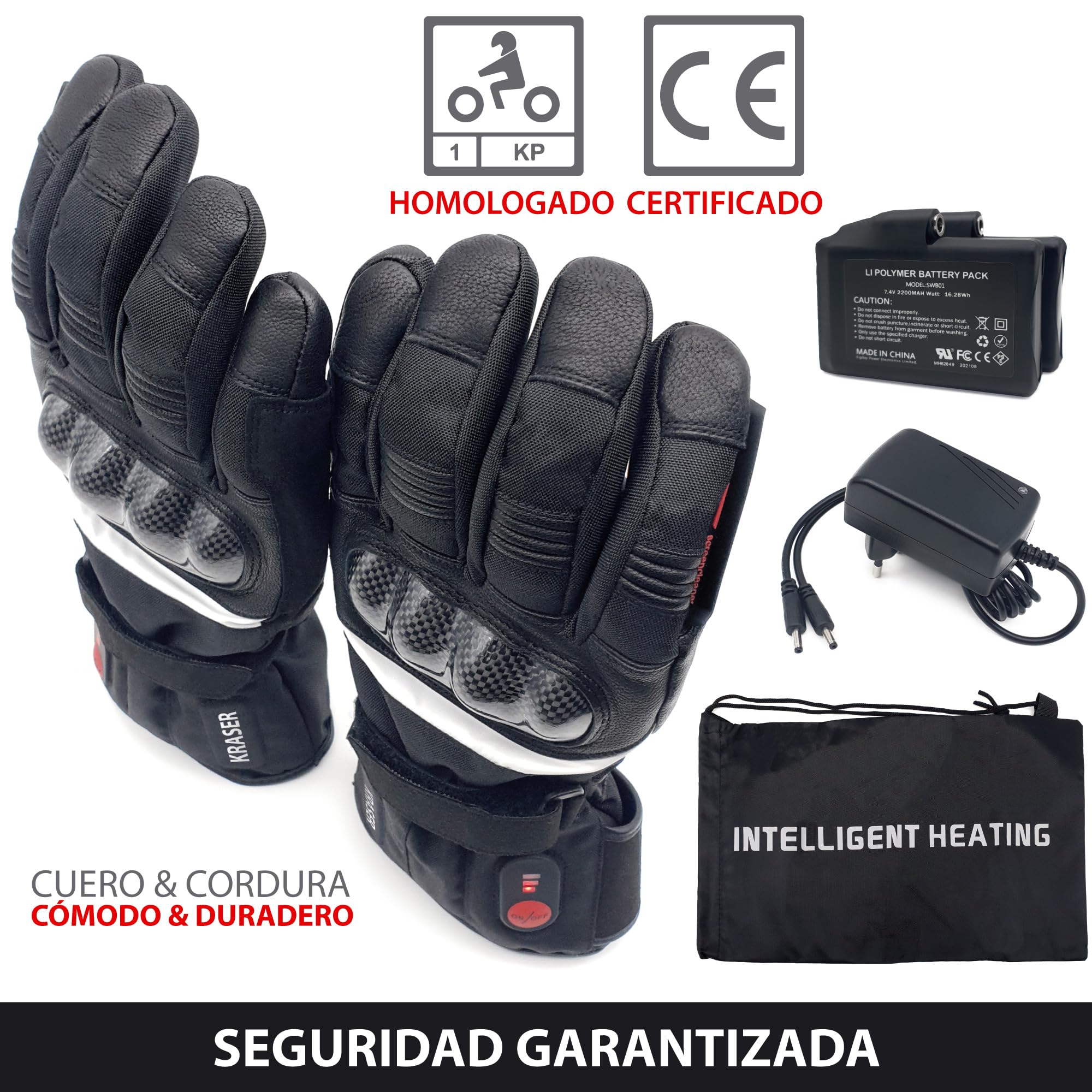 KRASER KRGS28 Guantes de Moto Premium Homologados CE, Calefactables e Impermeables, Testado Extremo y Protección Fibra Carbono, 3 Niveles de Calor para Invierno Hombre y Mujer