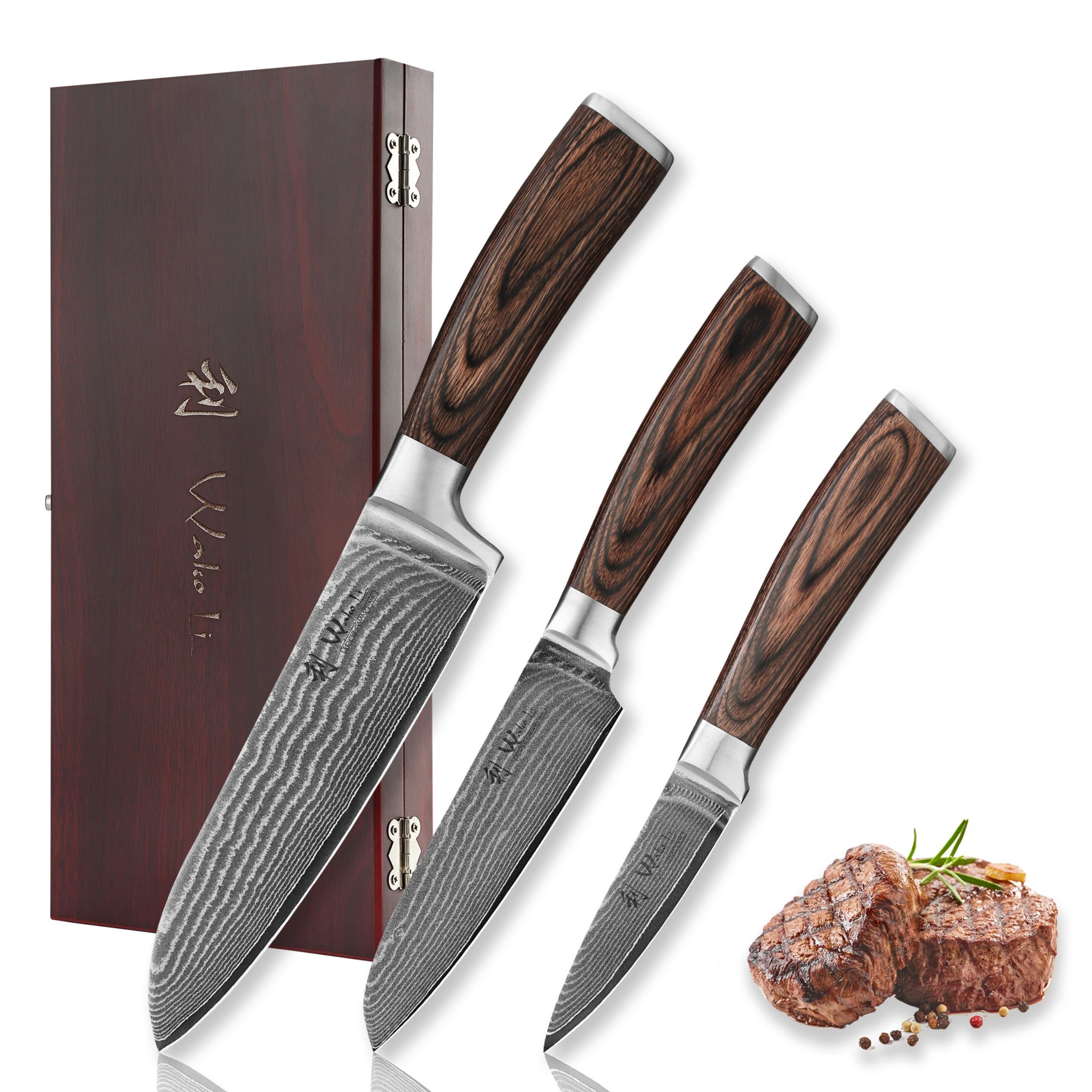 Wakoli EDIB 3-Piece Damascus Kitchen Knife Set in Wooden Gift Box, Razor Sharp Genuine Damascus Steel (VG10 Core), Includes Santoku, Small Santoku and Paring Knife, Ergonomic Pakkawood Handle
