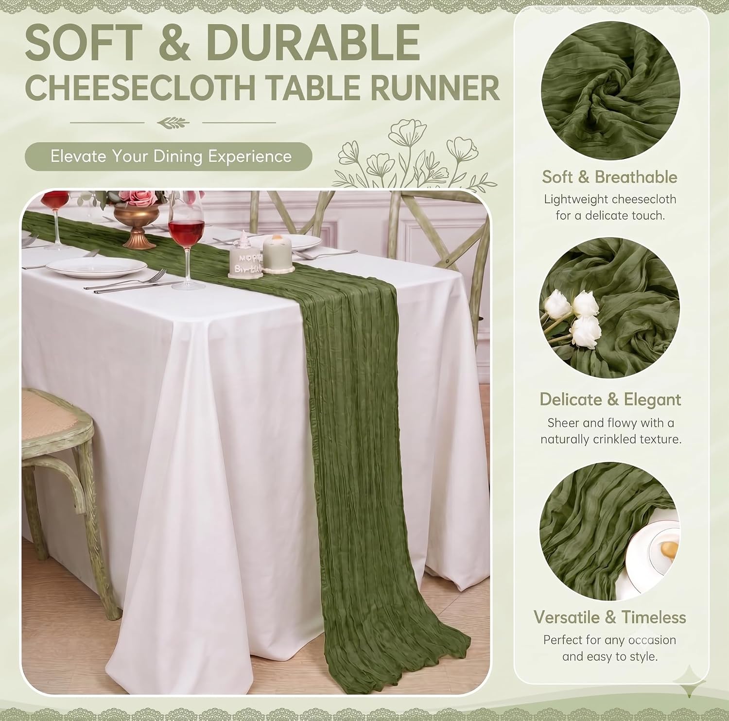 12 Pack Olive Green Cheesecloth Table Runner 17x108 Inch Boho Rustic Semi Sheer Gauze Cheese Cloth Table Runner for Wedding Bridal Shower Baby Shower Party Farmhouse Dining Table Decor