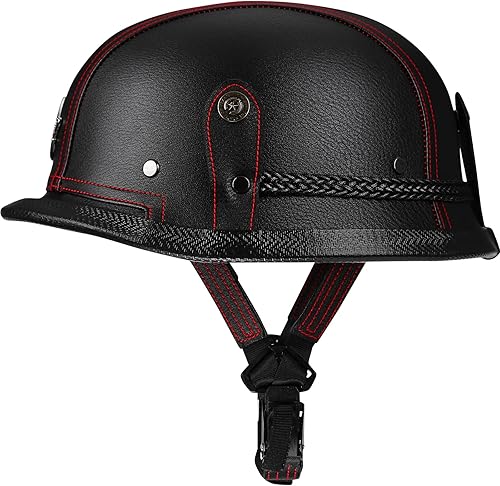 Miniatura 9 de Medio casco de motocicleta retro alemán hecho a mano de cuero de media cara hebilla de liberación rápida y gafas - aprobado por DOT