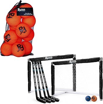 Premier Sports Bundle Kids Hockey Set 4 Sticks, 2 Mini Goals, 1 Foam & 1 Standard Balls + 12-Pack All-Weather Street Hockey Balls