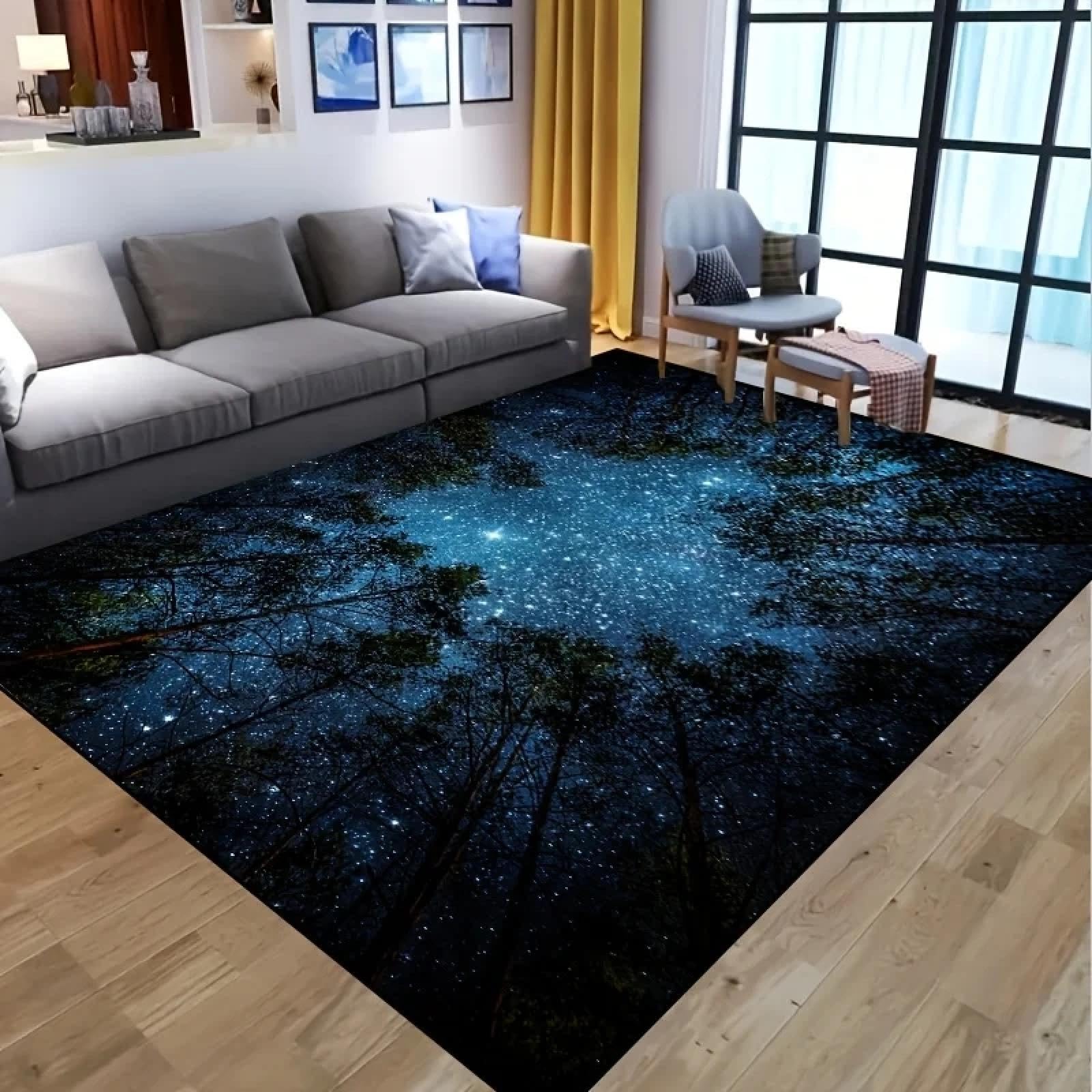 Tapis de sol étoiles et forêt grand format 120x180cm lavable pour salon et chambre adulte