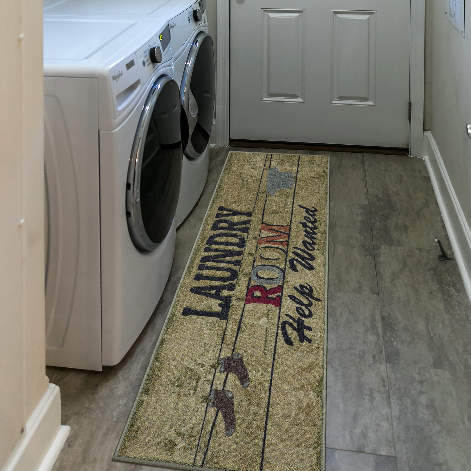 Ottomanson Laundry Collection NonSlip Rubberback Vintage Laundry Text Design 2x5 Laundry Room