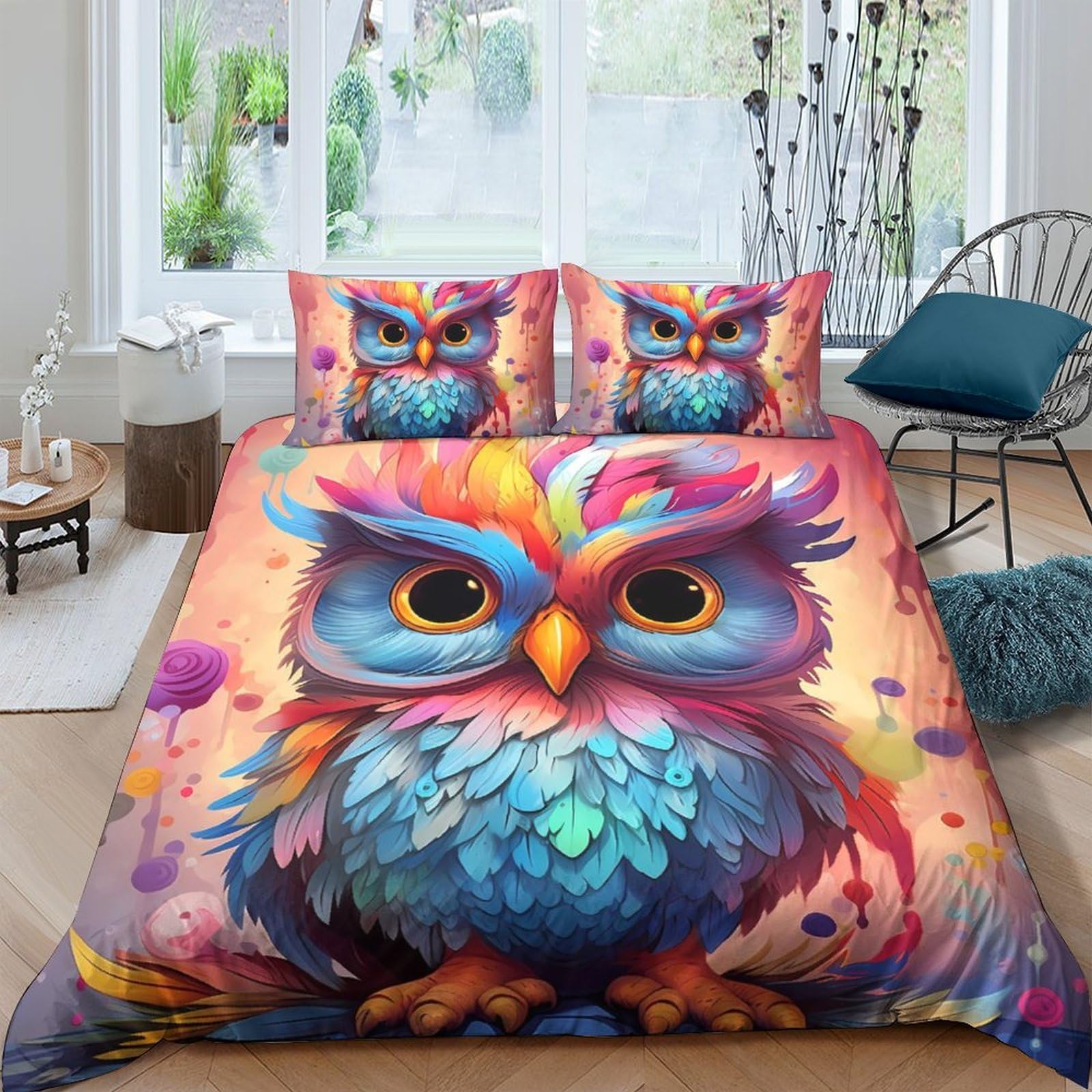 Ctjqhvkz Style-7 3D Printed Colorful Owl Fitted Sheet Microfiber Soft Bedroom Decor Artistic Feather Mattress Cover For Home Dorm Single（135X200cm）
