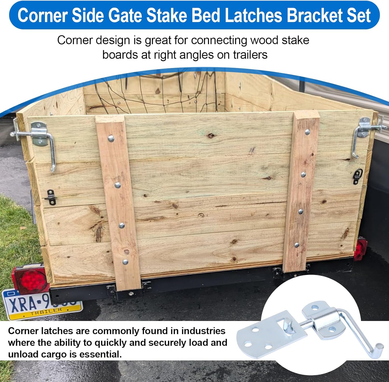 Stake Bed Latches Bracket Set, Straight Side Gate Latch for Utility Trailers, Stake Gates, Carports, Wooden Safety Racks, Trucks and Trailers - Heavy Duty Galvanized Steel (2 Pack)