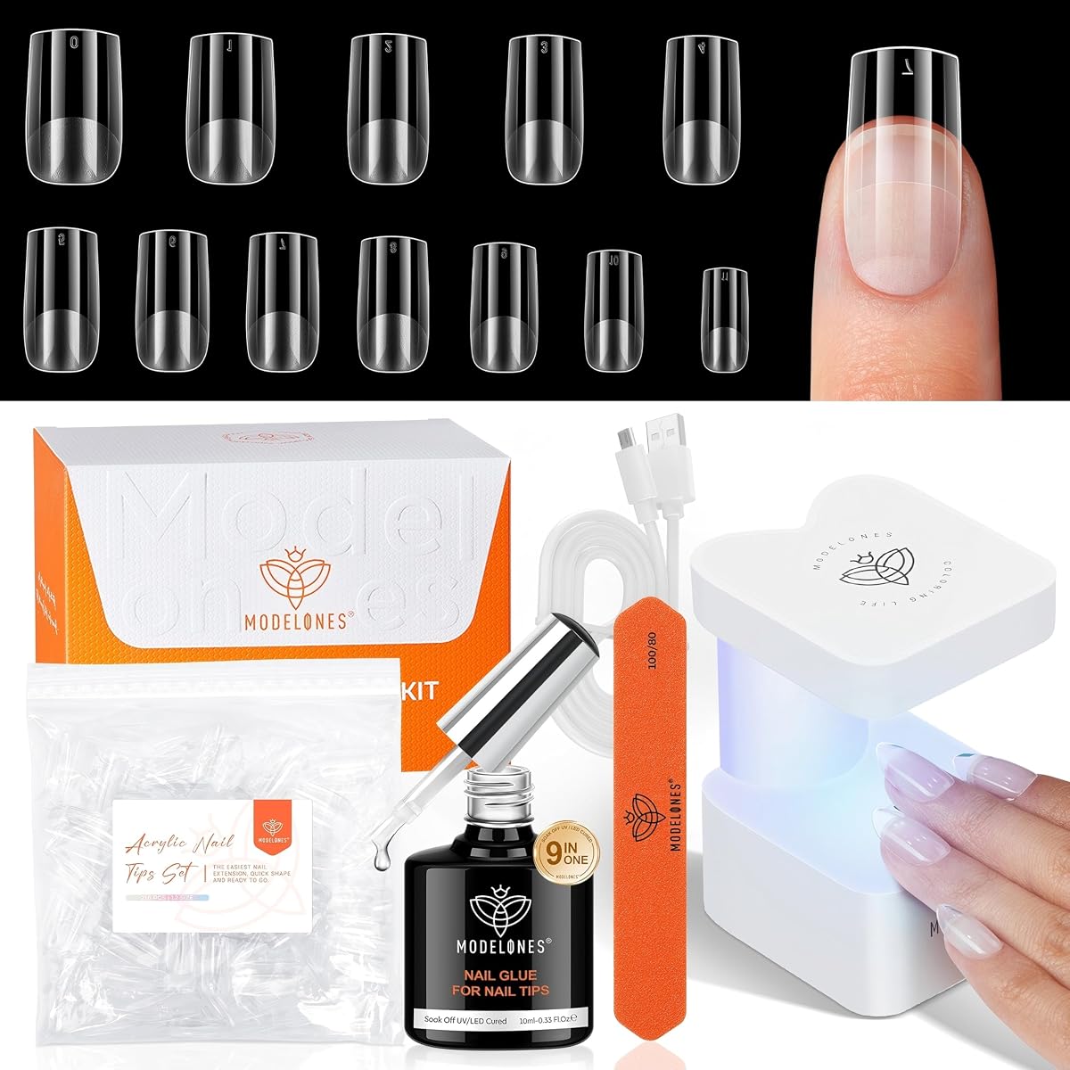 modelones X Nail Gel Kit Kit Cuadrado Corto, Pegamento de Uñas 9 en Uno Luz UV | Kit de extensión de acrílico falso, 216 Uds., 12 tamaños, pregrabados