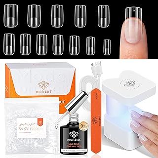 modelones Short Square Gel Nail Tips Kit, 9-in-One Nail Glue with Portable U V Lamp 216Pcs 12Sizes Pre-Etched Press ons Fake Acrylic Extension Kit DIY Salon Gift for Women