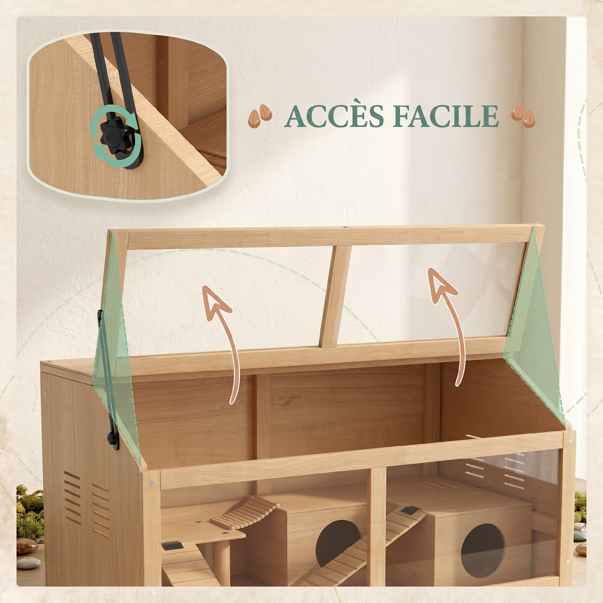 PawHut Cage Hamster en Bois avec Acrylique, Habitat spacieux pour Rongeur avec Ventilation, Accessoires et Couvercle ouvrant, Terrarium pour gerbilles et Souris, Effet Bois Naturel, 85x45x44cm