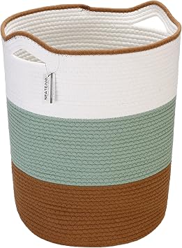 Sea Team Large Woven Cotton Rope Laundry Basket with Handles, 20 x 14 in | Collapsible Knitted Hamper, Closet Shelf Organizers, Containers for Clothing, Blankets, Toys, Bedding, Green & Brown