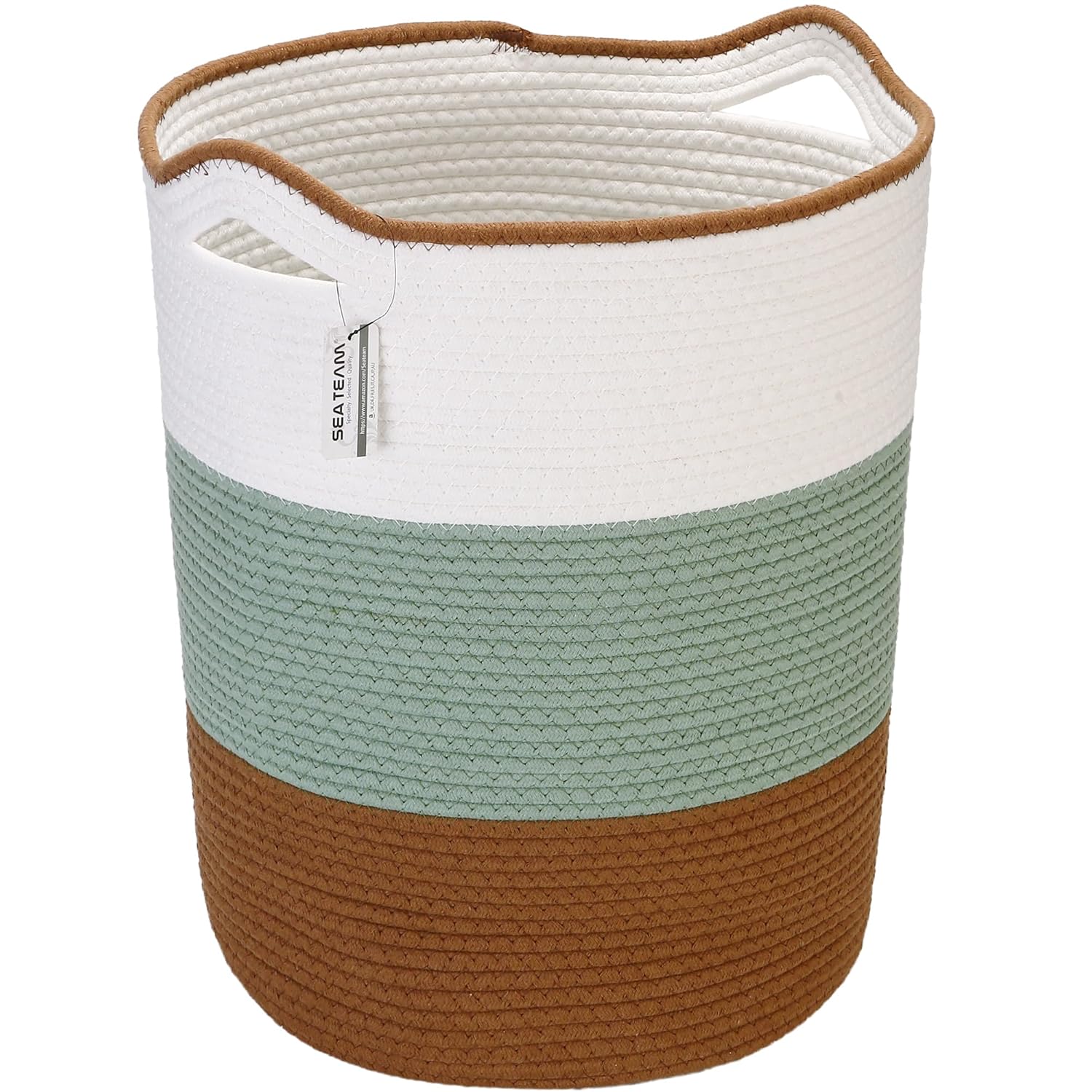 Sea Team Large Size Cotton Rope Woven Storage Basket with Handles, Laundry Hamper, Fabric Bucket, Drum, Clothes Toys Organizer for Kid's Room, 20 x 14 inches, Round Open Design, Green & Brown
