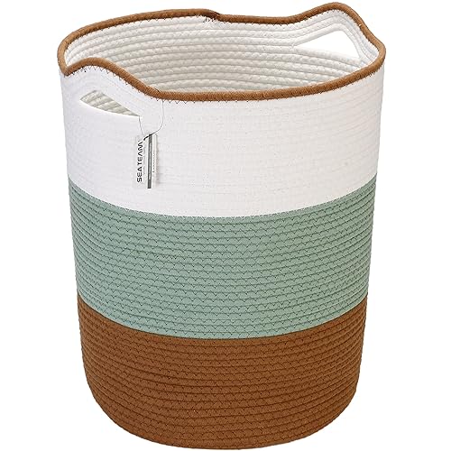 Sea Team Cesta de almacenamiento tejida de cuerda de algodón de gran tamaño con asas, cesta de lavandería, cubo de tela, tambor, organizador de ropa