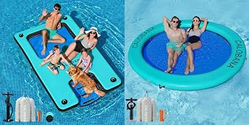CALOBANA 10ft Inflatable Floating Dock with Ramp and Mesh & 8ft Water Hammock Round Floating Ring