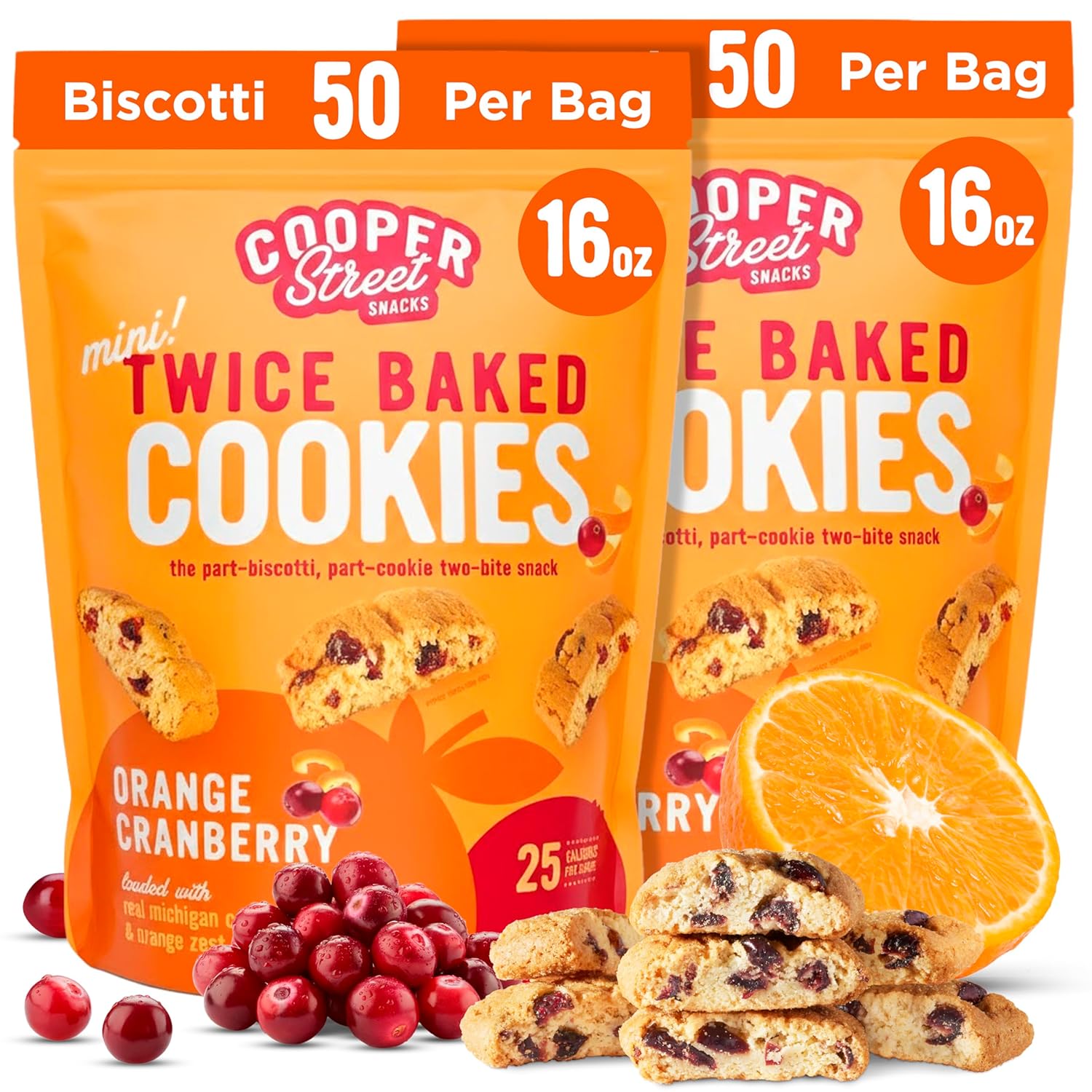 Cooper Street Twice-Baked Orange Cranberry Biscotti Cookies (16 oz - Pack of 2) – Over 50 Biscotti per Bag Loaded with Real Fruit, Italian Style Snacks with Coffee or Tea - Dairy, Peanut & Soy Free