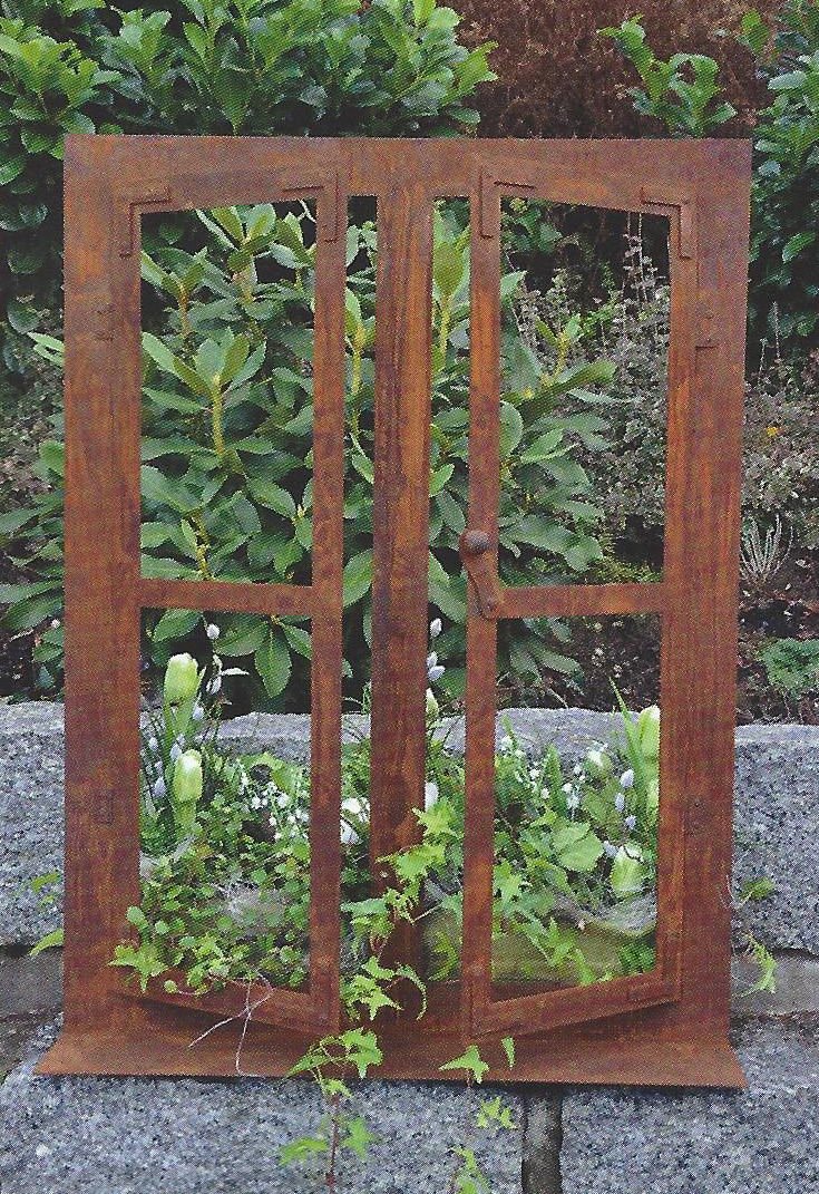 Deko-Fenster Aus Edelrost – 80x60x22 Cm, Auf Platte Stehend, Garten-Deko, Handarbeit