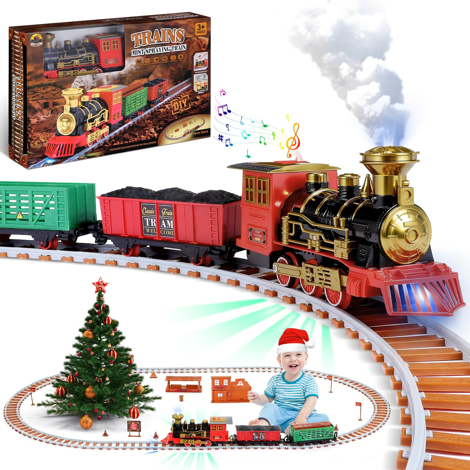 Electric Train Set for Boys Girls, Battery Operated Toy Train with Cold Steam Mist, Realistic Lights and Sounds, DIY Tracks, Educational Vintage Locomotive Play Set for Toddlers Kids Age 3-8
