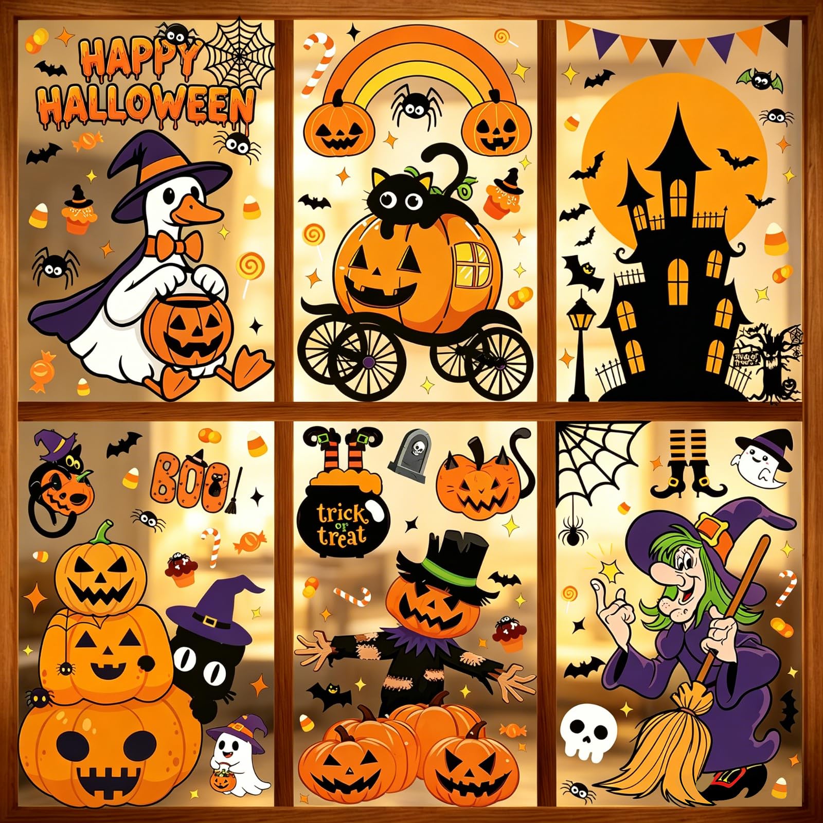 XIMISHOP 8 Sheets 174 Pcs Reusable Halloween Pumpkin Witch Window Stickers