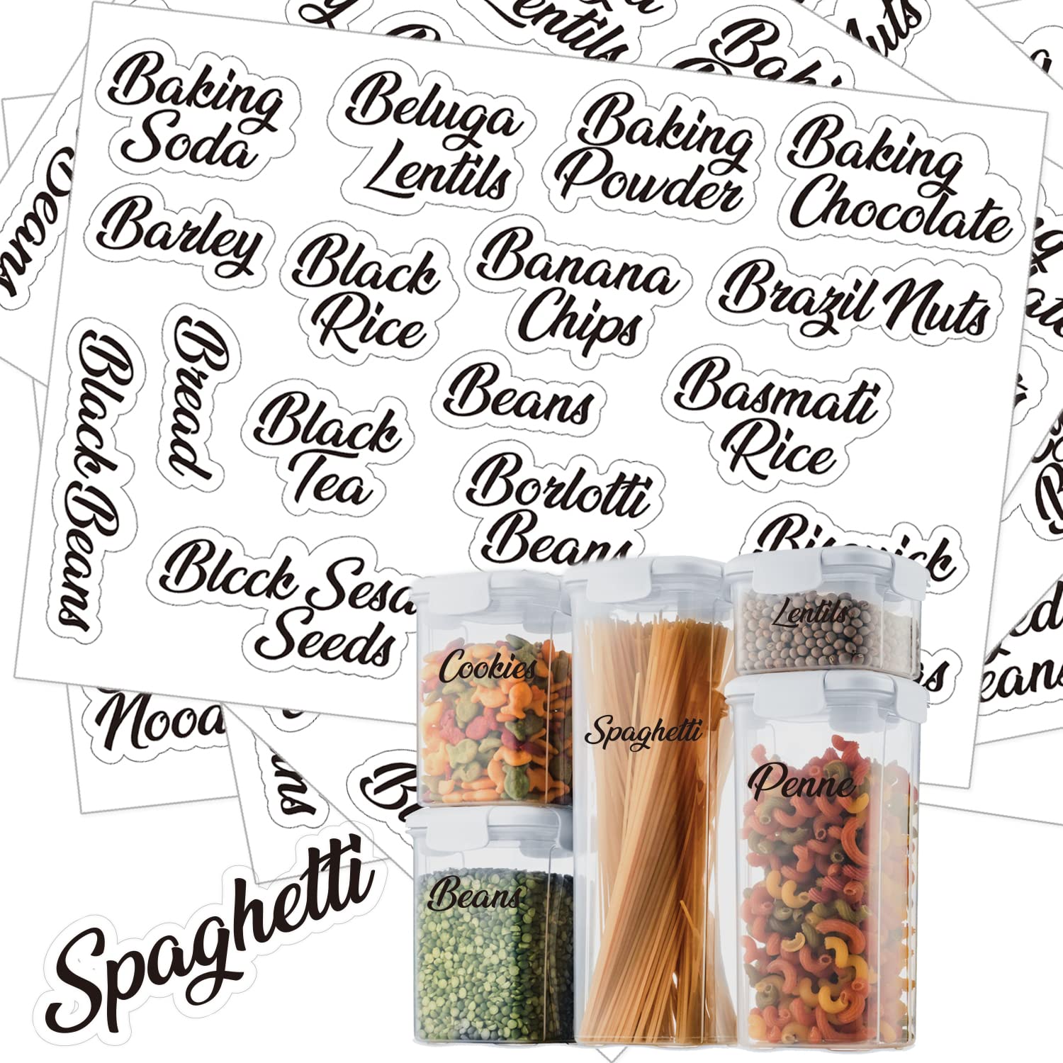 180 Pantry Labels, Prefdo Waterproof White Script Preprinted Food Names Label Stickers for Kitchen Organization Storage Containers, Jars & Canisters (Black)