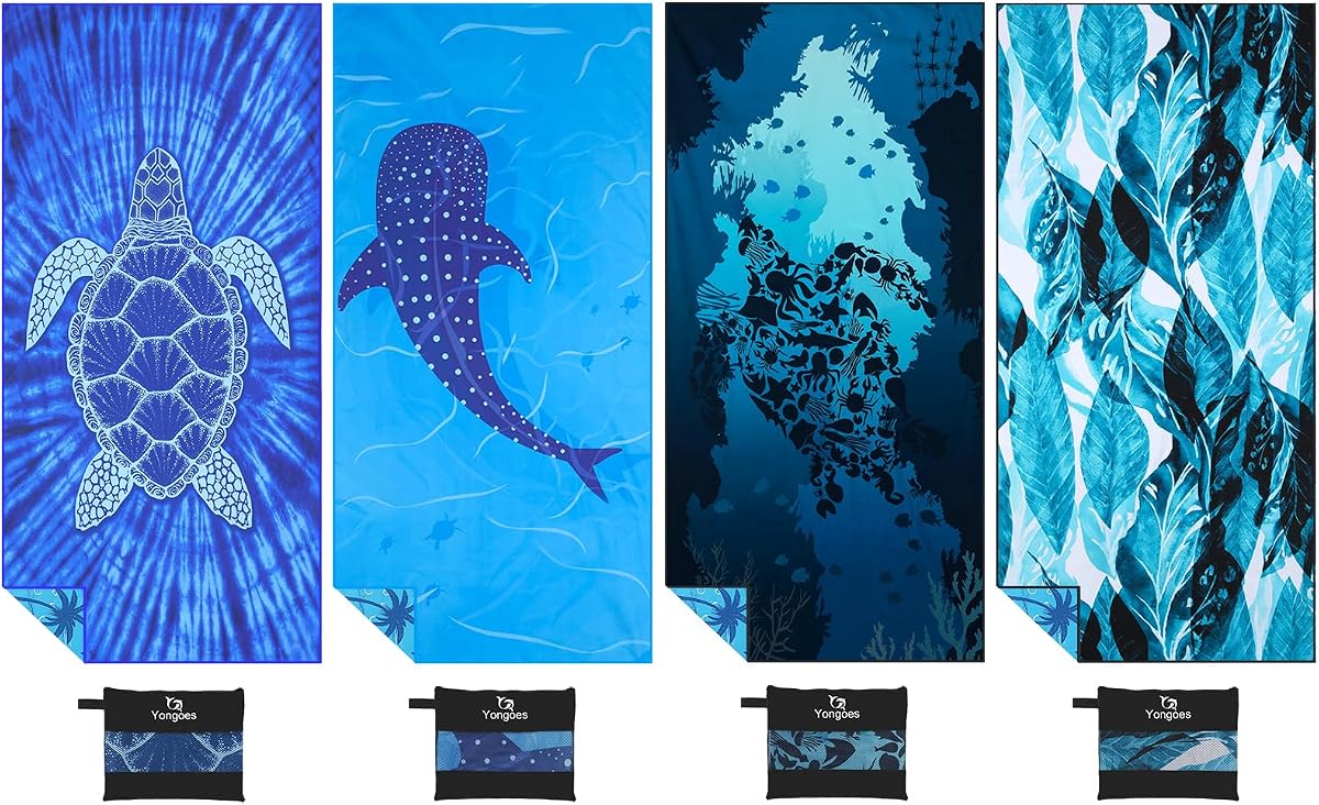 Yongoes Paquete de 4 toallas de playa de microfibra de gran tamaño 71x32 azul paquete múltiple a granel | Toallas grandes, ligeras, finas, sin arena, súper absorbentes, de secado rápido, para natación, piscina, baño, viajes, vacaciones, accesorios esenciales