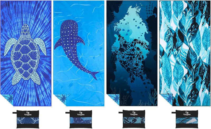 Yongoes Paquete de 4 toallas de playa de microfibra de gran tamaño 71x32 azul paquete múltiple a granel | Toallas grandes, ligeras, finas, sin arena, súper absorbentes, de secado rápido, para natación, pileta, baño, viajes, vacaciones, accesorios esenciales
