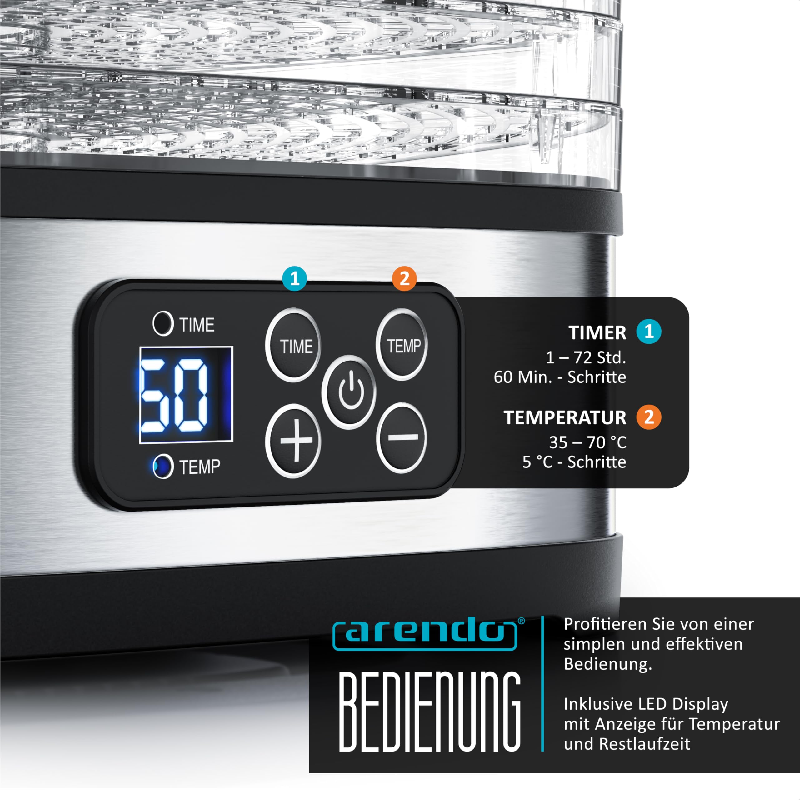 Arendo - Dörrautomat Edelstahl - Temperaturregler - 240 Watt – Dehydrator – 5 Etagen – Timer 1 bis 72 h – 5 Einlegefächer – je Fach zwei Höhen – Food Fleisch Kräuter Obst