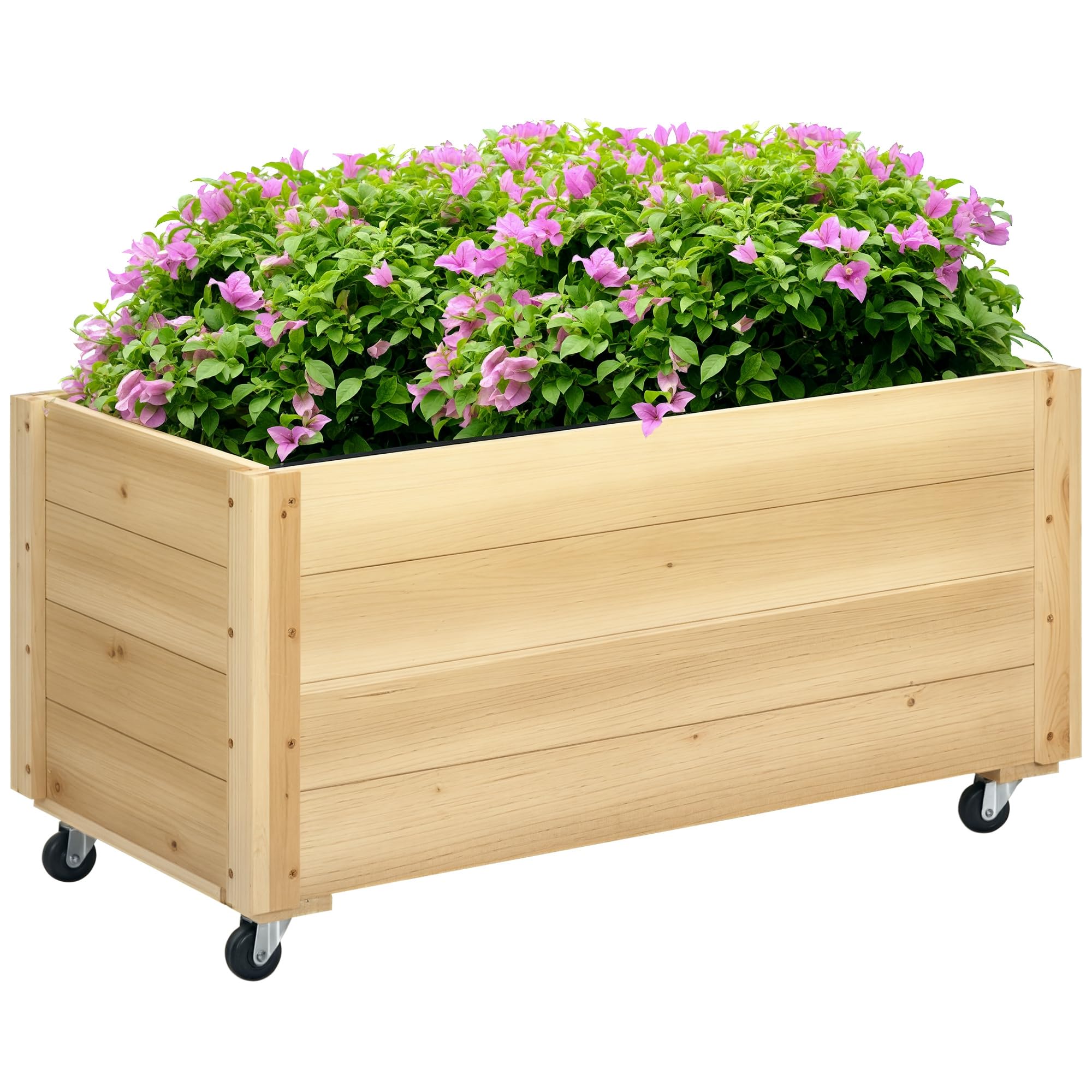 Outsunny Fioriera da Giardino con Foro di Drenaggio e Fodera di Tessuto non Tessuto, Fioriera in Legno di Abete con Rotelle, 89x48x47 cm, color Legno