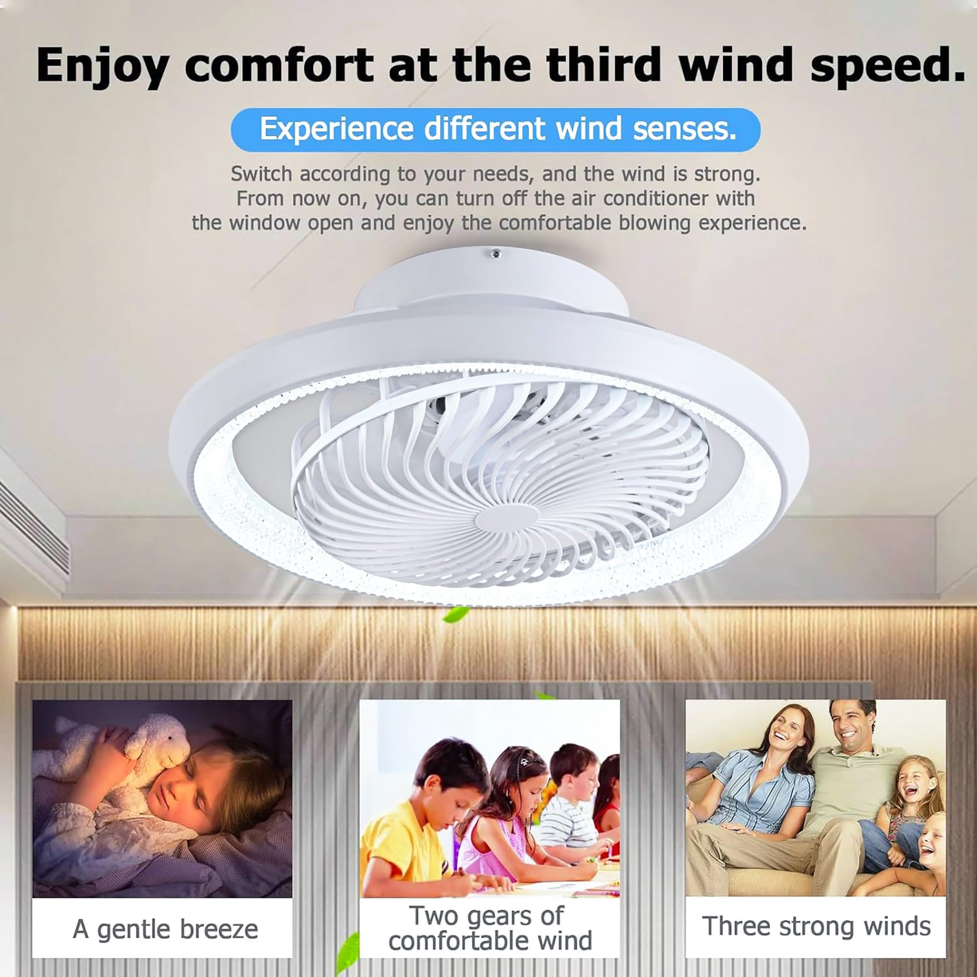 49cm Ventilatore da Soffitto con Luce e Telecomando, Silenzioso Lampadario Ventilatore LED, Rotante a 360°, 6 velocità, 72W Plafoniera con Ventilatore per Camera da Letto Soggiorno, Bianco