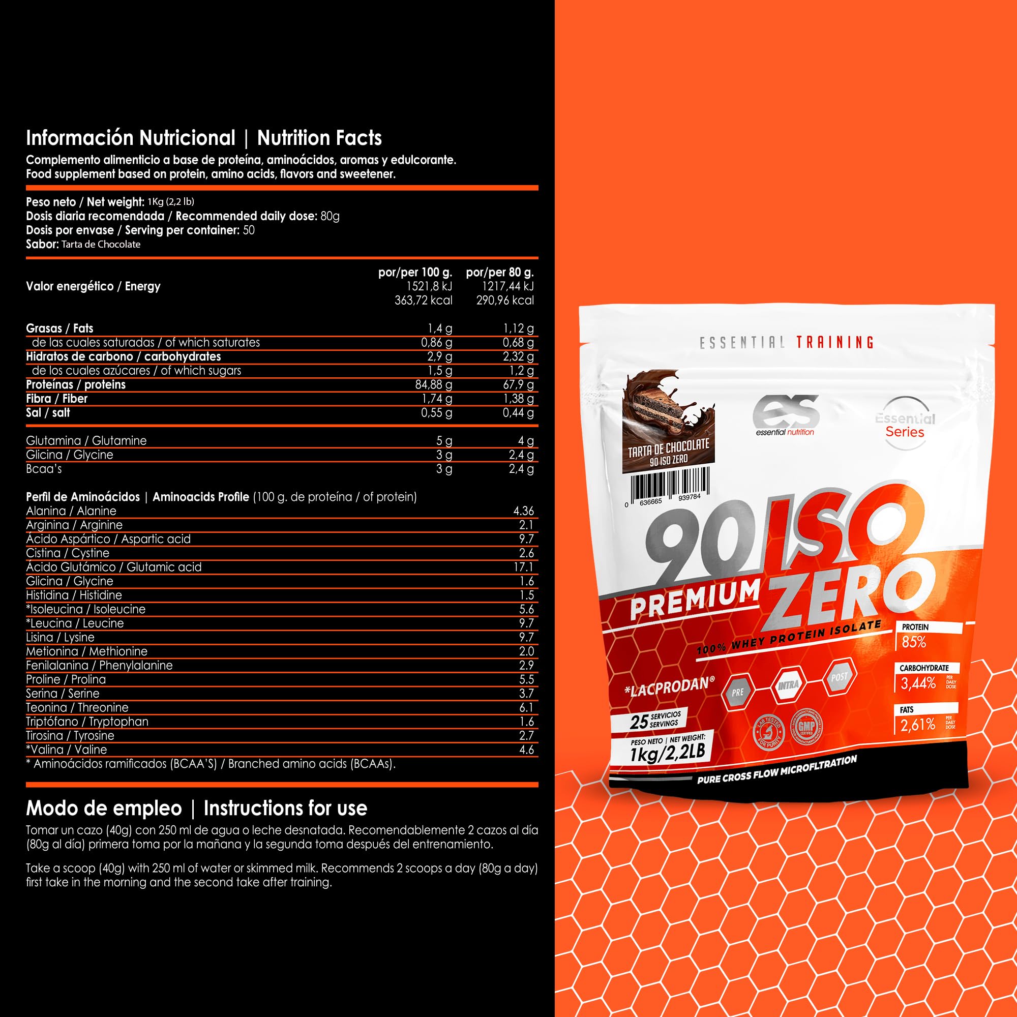 ESSENTIAL NUTRITION - 90 ISO ZERO | Proteina Isolada | Aumenta la Masa Muscular | Bajo en Carbohidratos, Azúcares y Grasas (1 kg (Paquete de 1), Tarta de Chocolate)