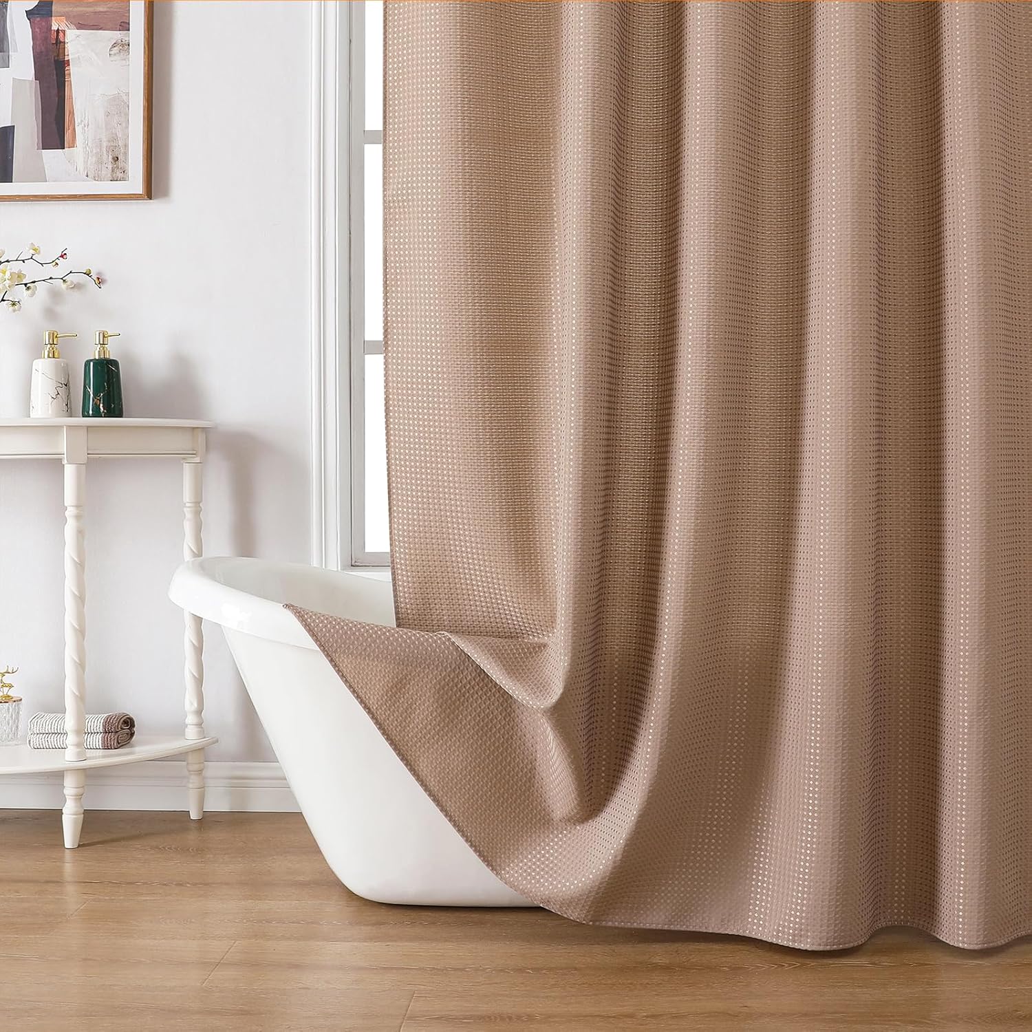 meioro Beige Shower Curtain, Waffle Weave 256GSM Heavy Duty Textured Fabric Shower Curtains for Bathroom Hotel Spa, Luxury Weighted Polyester Cloth Bath Curtain Set with 12 Hooks, 72Wx72H