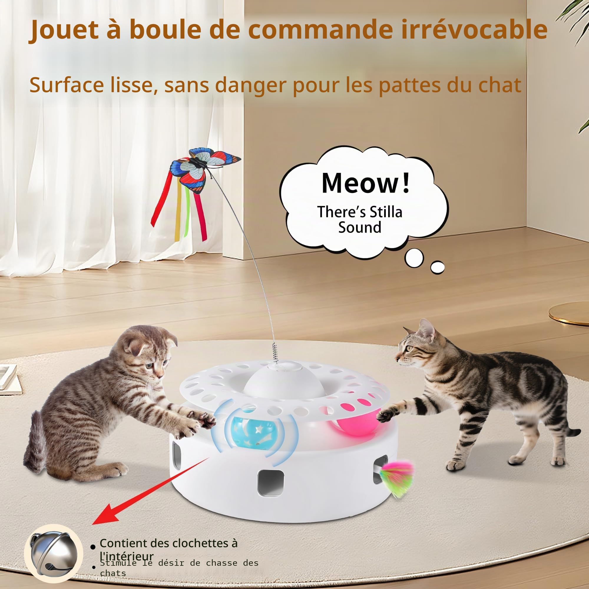 Soarer Cat Toy 3 en 1 Jouet Interactif Automatique pour Chatons, Papillons Volants, Plumes Volantes, Livré avec 4 Accessoires Remplaçables, Boule À Rouler Tactile, Mode Double Alimentation
