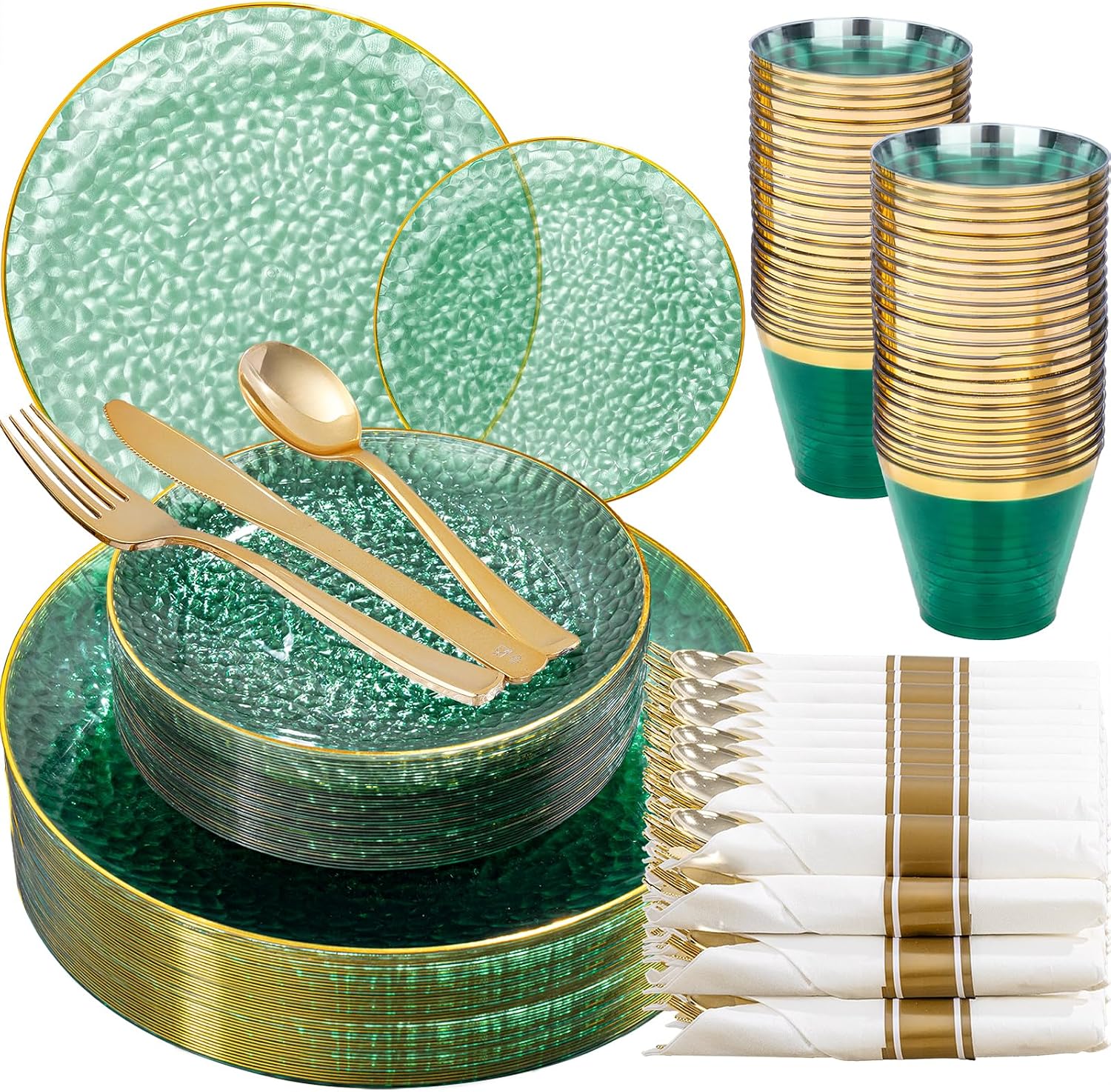175PCS Green Plastic Plates for 25 Guests, Disposable Plates for Party, Heavy Duty Disposable Plate Set Include: 25 Dinner Plates, 25 Dessert Plates, 25 Cups and Cutlery for Wedding & Party
