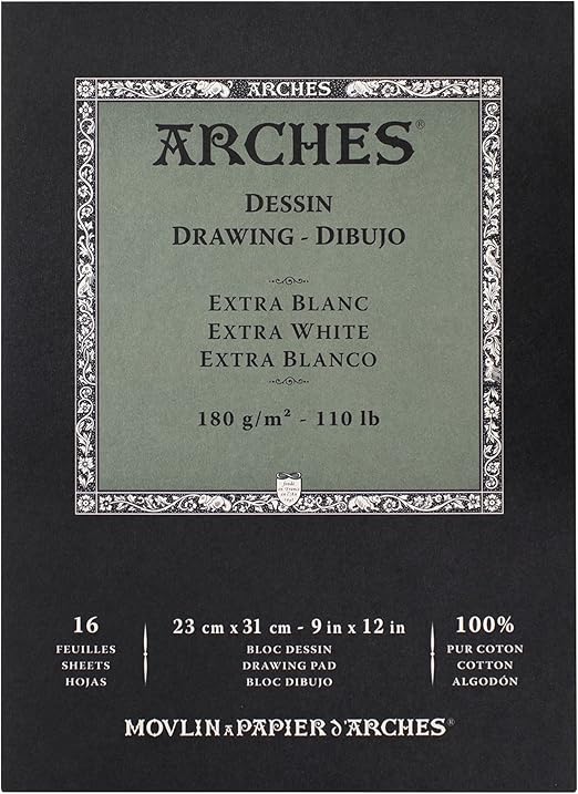 Arches Velin BFK Rives Drawing Pad, Extra White, 9x12 inches, 16 Sheets - Professional Art Paper for Figure Drawing, Portraits, Illustration, Calligraphy