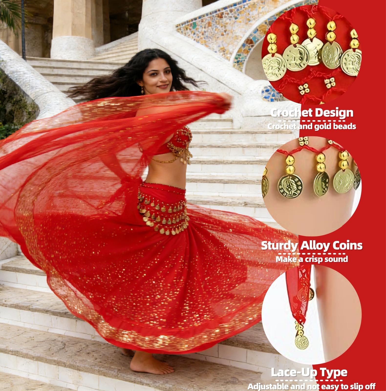 Cinturón Danza del Vientre Mujer con 90+ Monedas Falda Bufanda Baile Oriental 140 cm