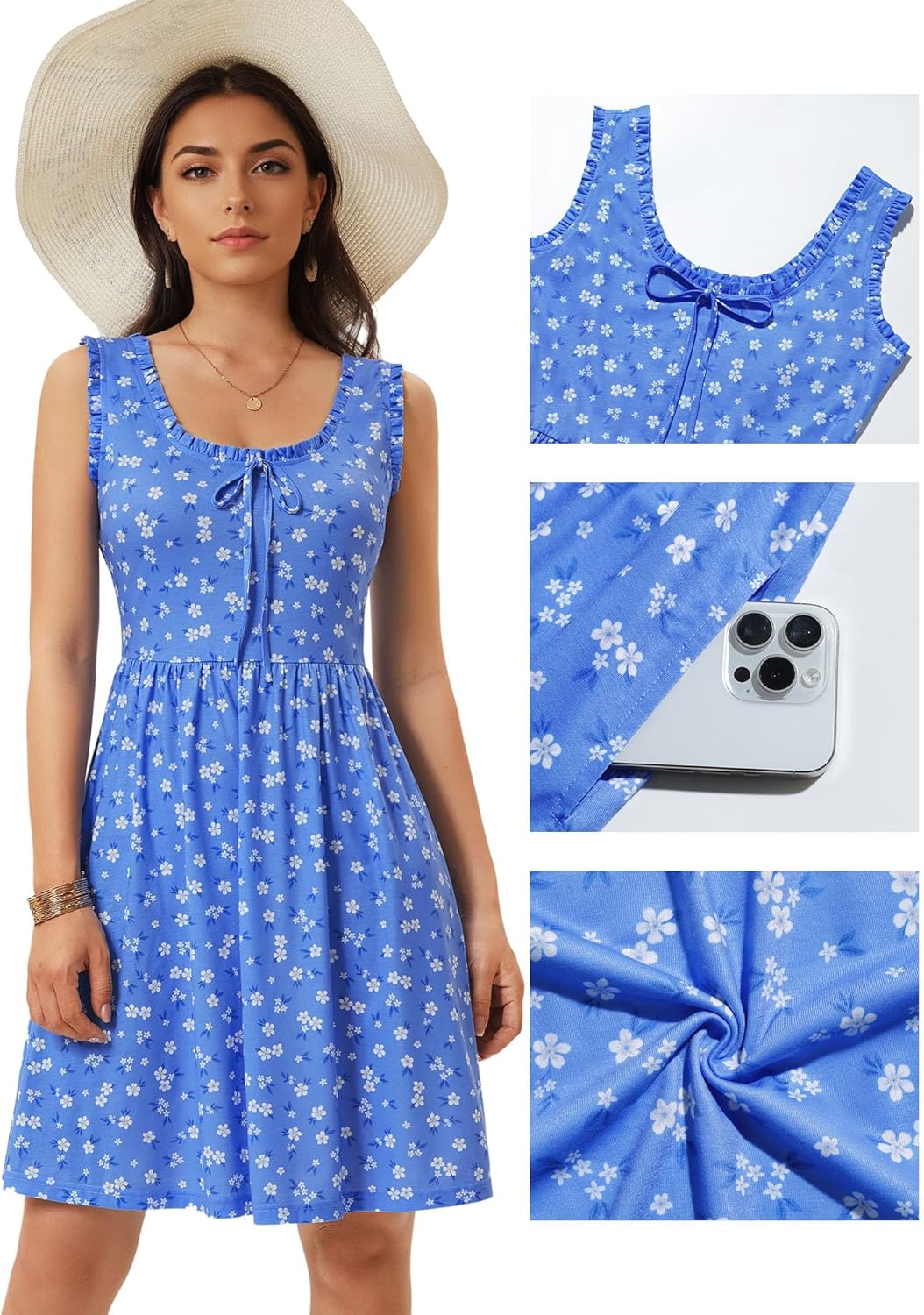 Loemes Teen Petite Womens Summer Floral Crew Neck Mini Dresses with Pockets Cute Milkmaid Sundress 2026