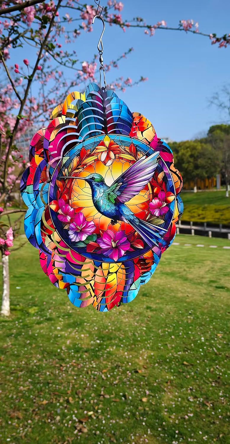 Humming Bird Hanging Wind Spinners-12 inch 3D Stainless Steel Laser Cut Metal Yard Art, Outdoor Garden Decor, Unique Gift for Women Men