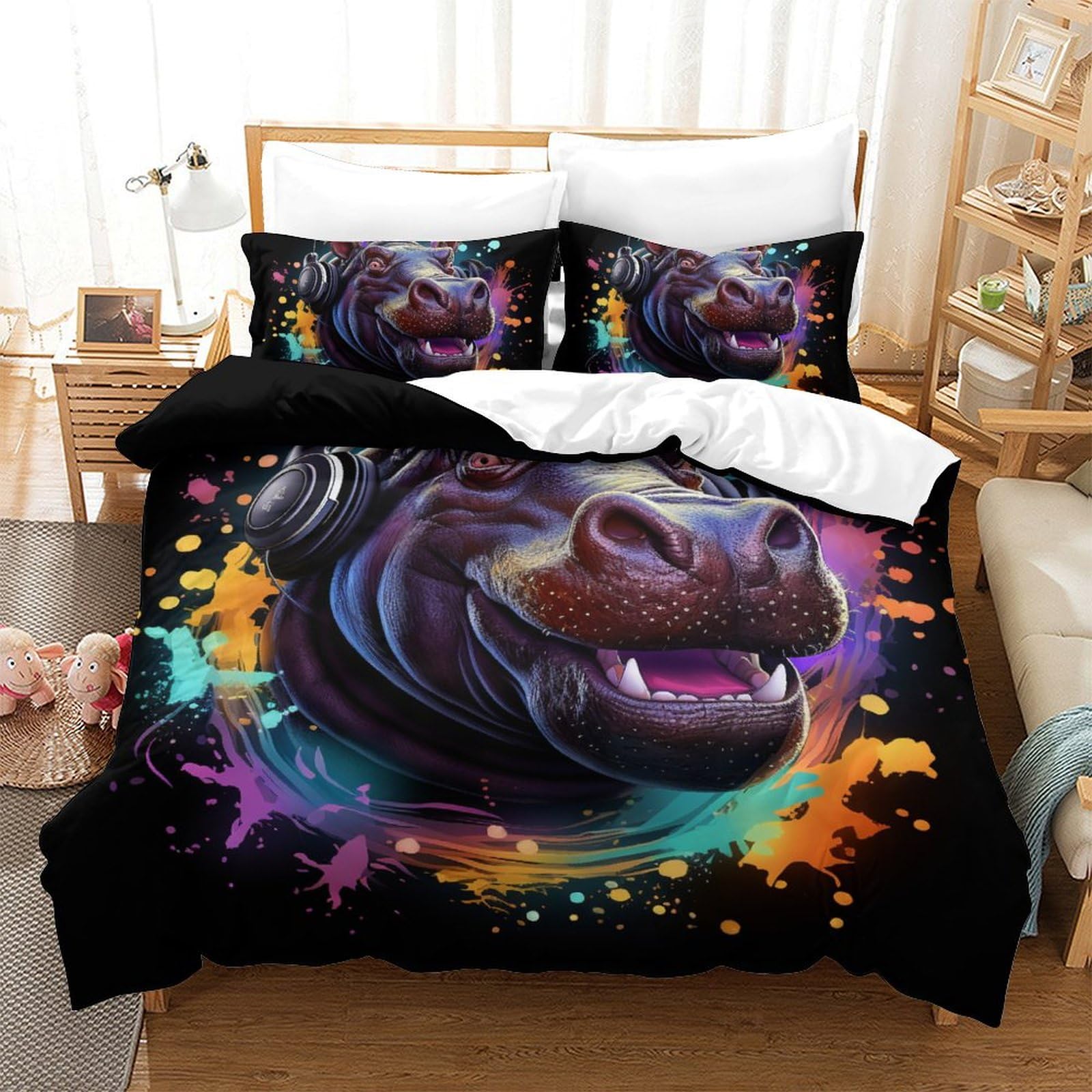 Housse de couette hippopotame 200x200cm en microfibre douce avec fermeture