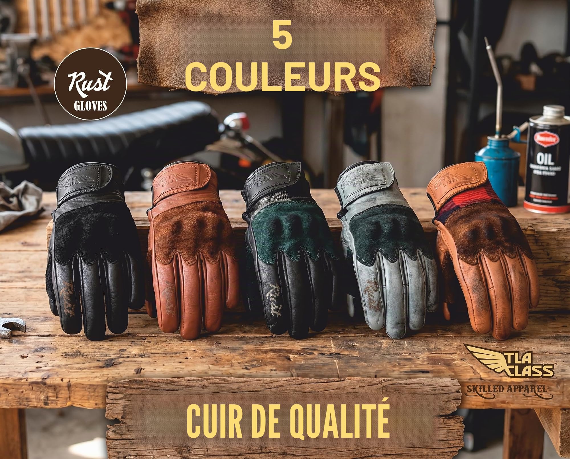 TLA Rust Gants de Moto Vintage en Cuir, Protections des articulations, homologuées CE, 2XS à 4XL pour Hommes et Femmes, pour cafè Racer, Scooter, écrans tactiles, Protection Contre Les Chocs élevés.