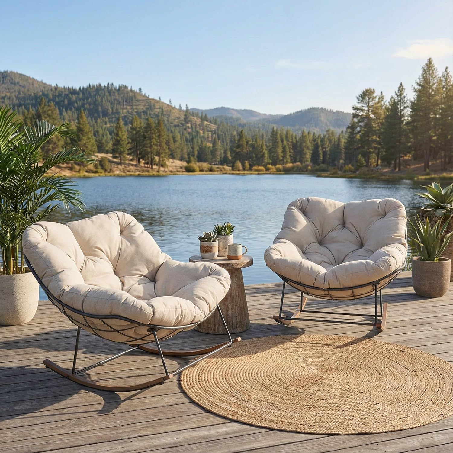 Outdoor Rocking Chair, 400 lbs Sturdy Frame with Thick Cushion,Patio Papasan Chair for Bedroom, Living Room, Porch, Garden(Beige)