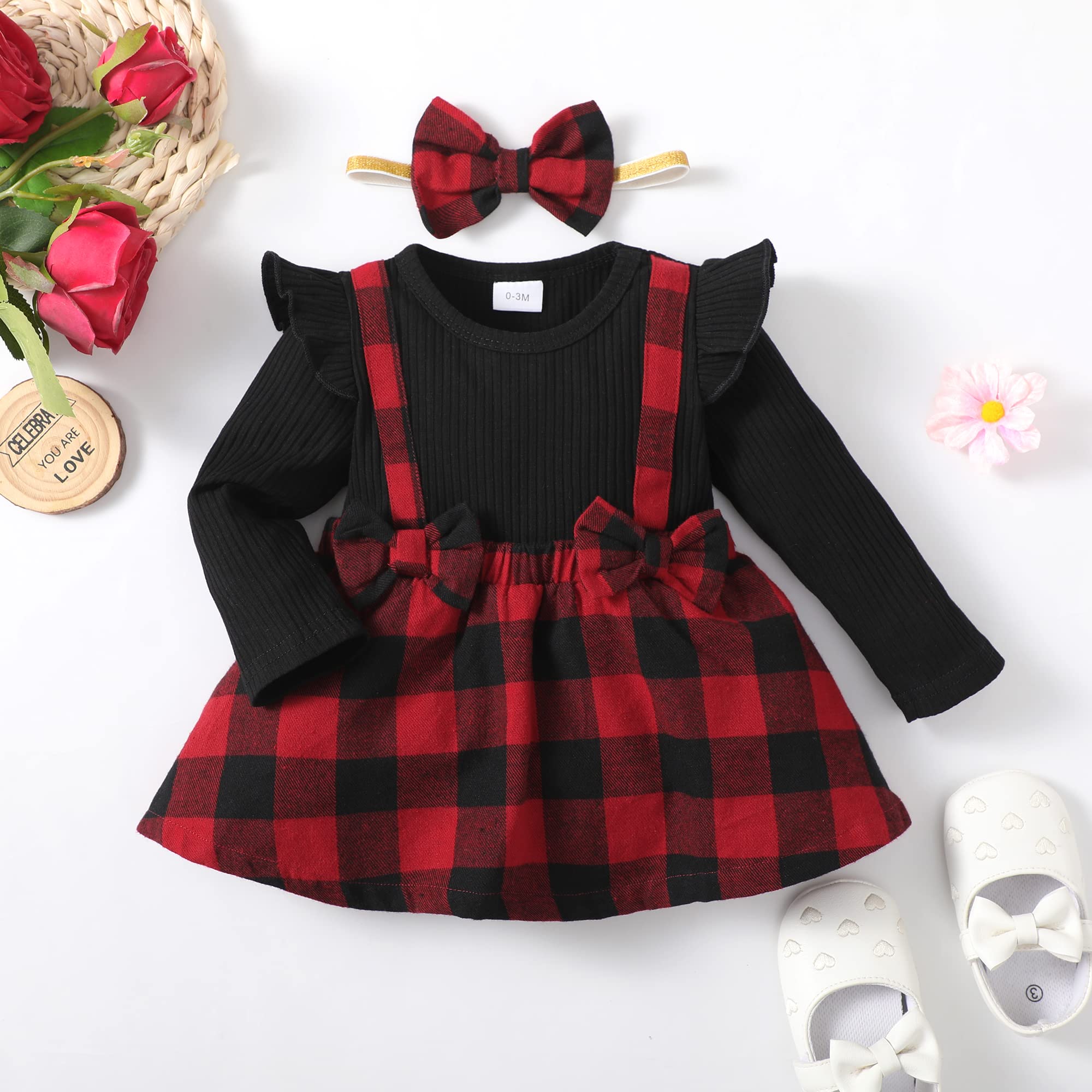 HIGHUZZA 0-3 Month Baby Girl Clothes Newborn Dress Infant Romper Fall Outfits Winter Jumpsuit Girl's Clothing Overall Plaid Stripes Girl Skirt Set with Headband Black