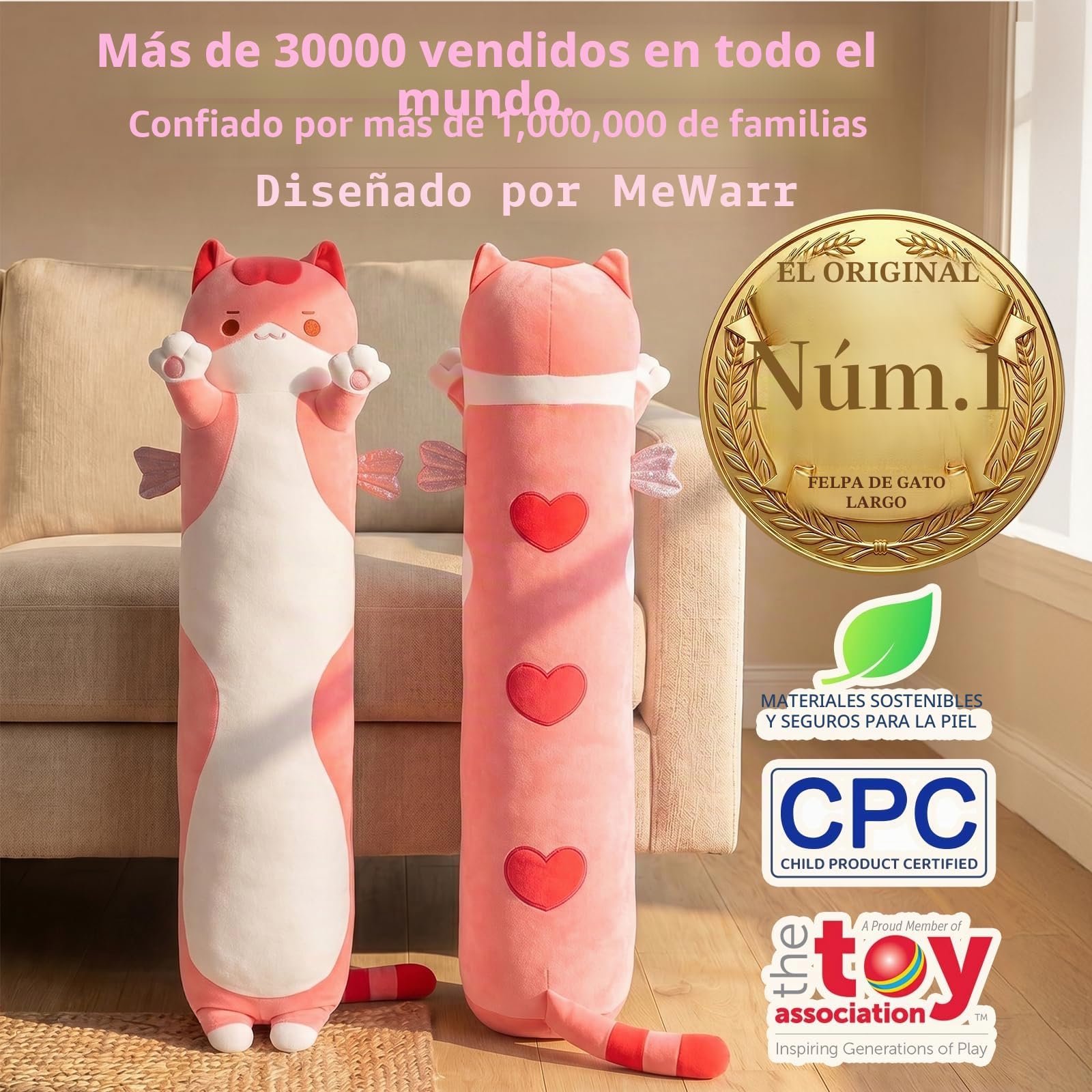 Mewaii - Cojín de Peluche para niño y niña, Animales, Juguete Kawaii Mullido, cómodo, Almohada de Peluche para Adolescentes, Regalo (110 cm, Gato Rosa)