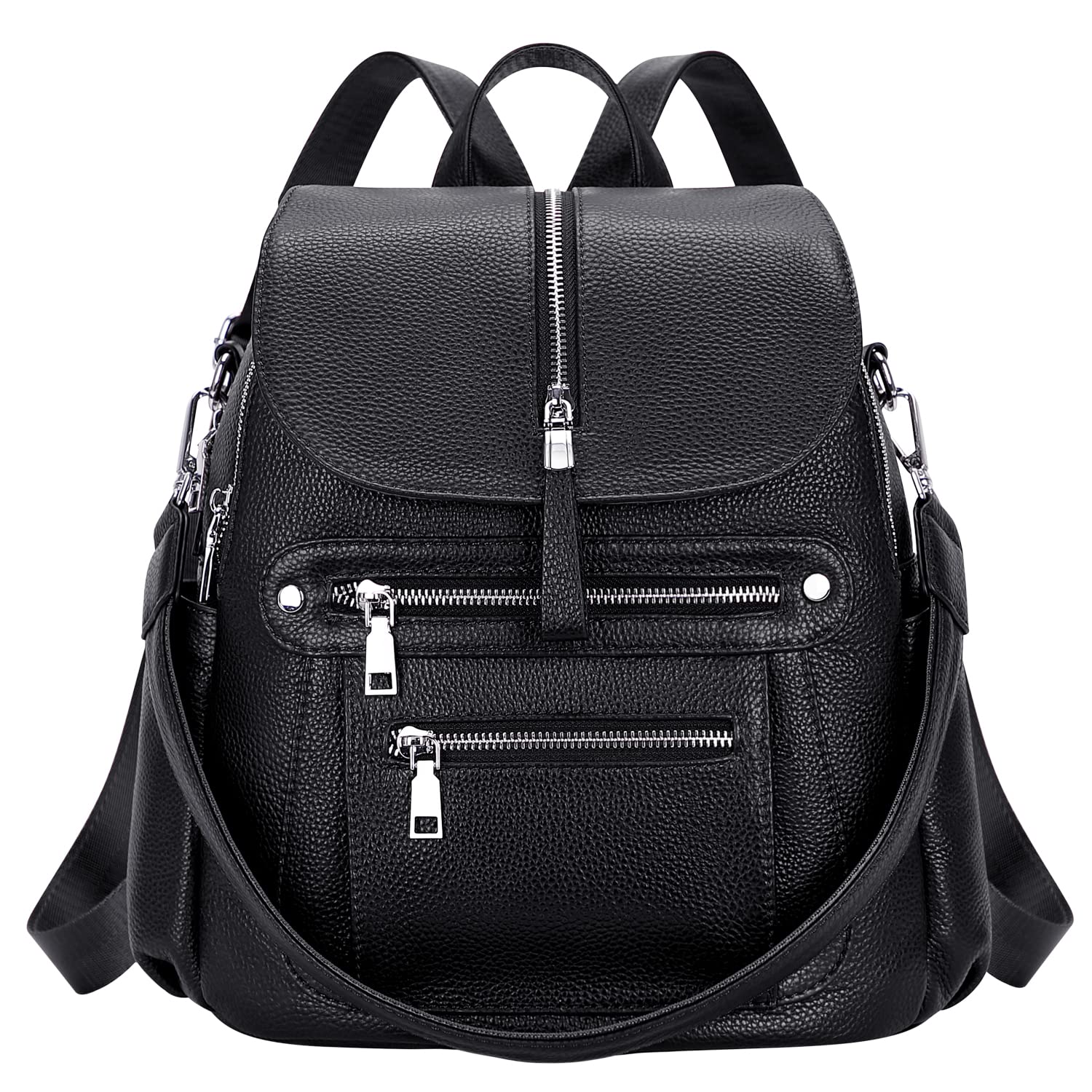 ALTOSY Leather Backpack Purse for Women Fashion Casual Handbag with Multi Pockets and Flap(S107 Black)