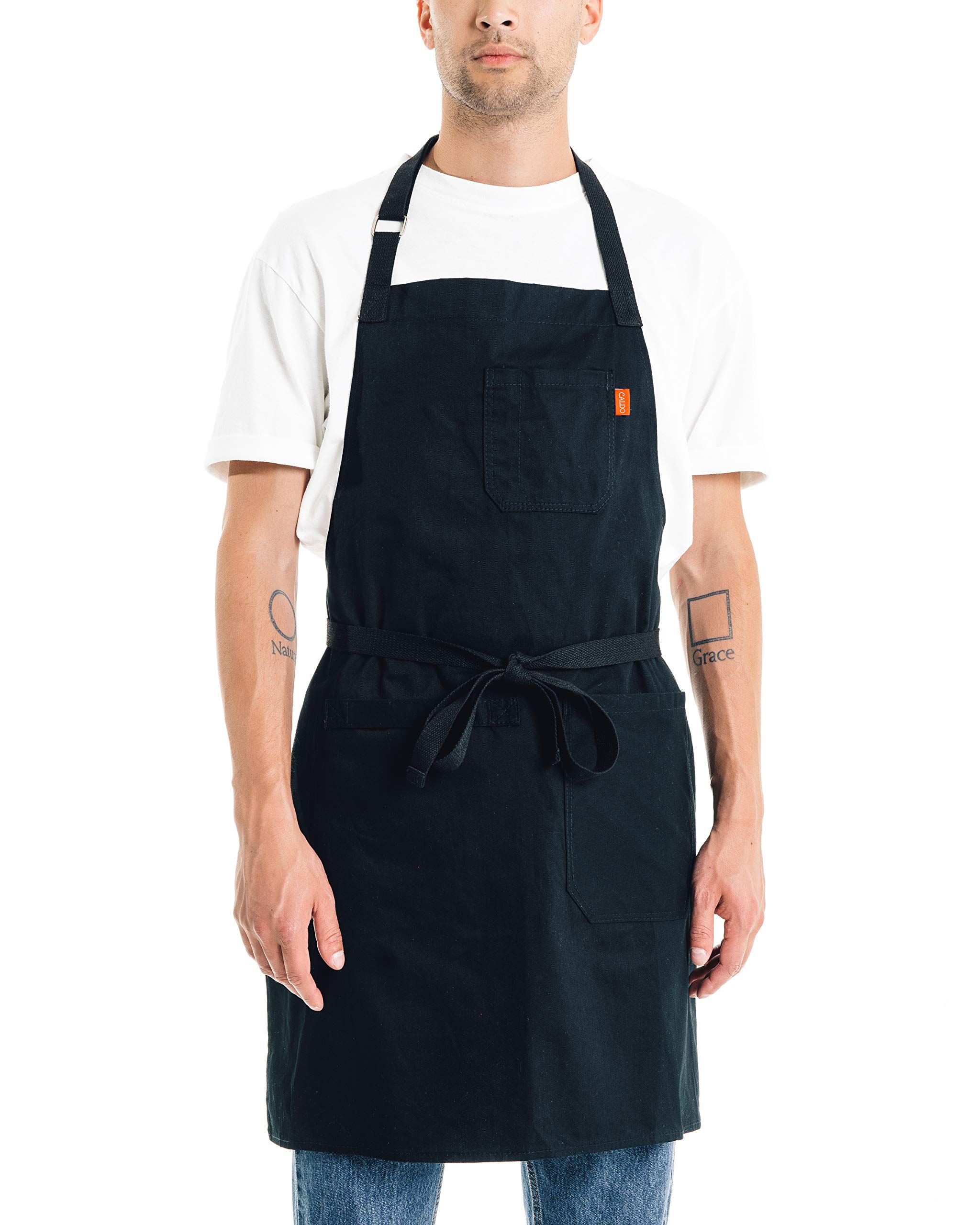 Caldo Cotton Kitchen Apron - Mens and Womens Professional Chef Bib Apron - Adjustable Straps with Pockets and Towel Loop (Black)