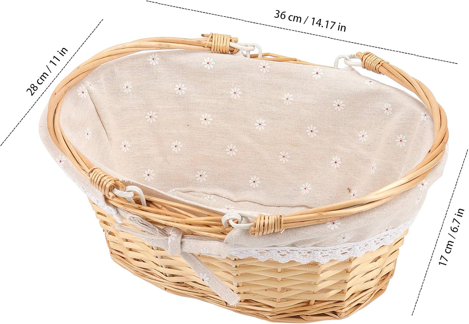 HOZEON 14 x 11 x 6.7 Inch Natural Wicker Woven Basket, Premium Willow Basket with Handle and Linen Cotton Cloth Lining,Gift, Decoration, Picnic, Party, Natural