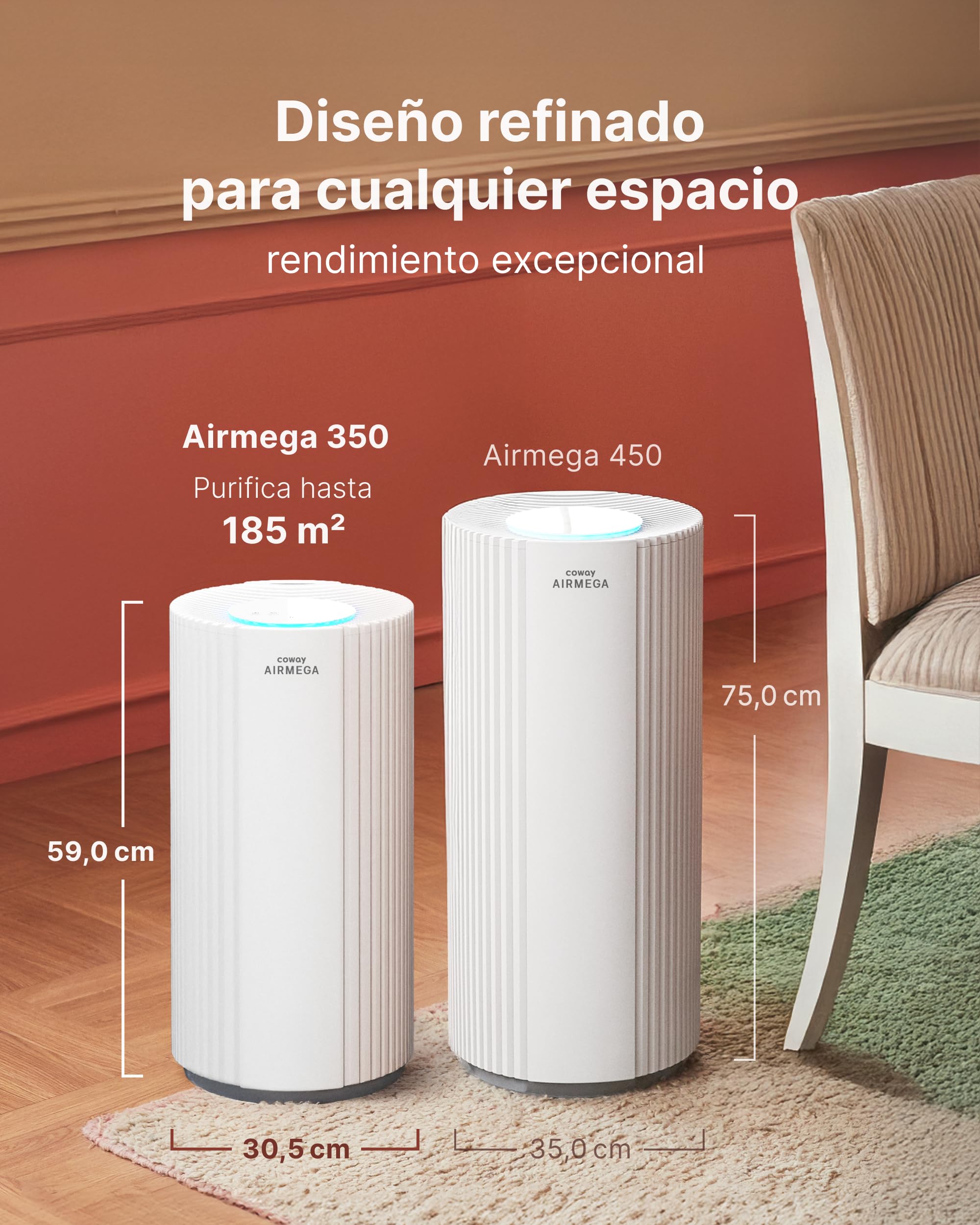 COWAY Purificador de aire para espacios grandes, CADR 713 m³/h, limpia 148 m² en 30 min, filtro HEPA para humo, alergias, pelo de mascotas, olores, sensor PM10, modo ahorro energético, AIRMEGA 350