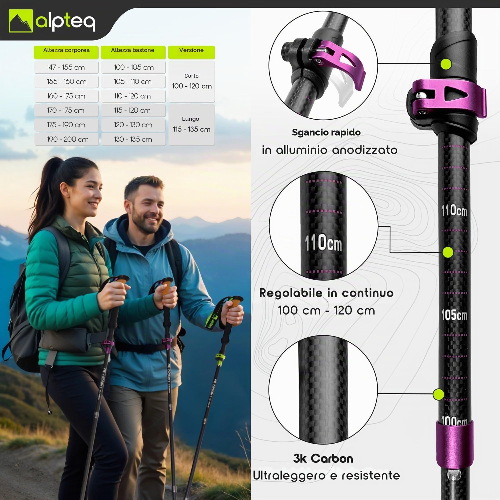 Bastoni da trekking pieghevoli in carbonio con impugnatura in sughero | Bastoni da escursionismo per sport di montagna | Bastoni da nordic walking per donne e uomini | extra leggeri