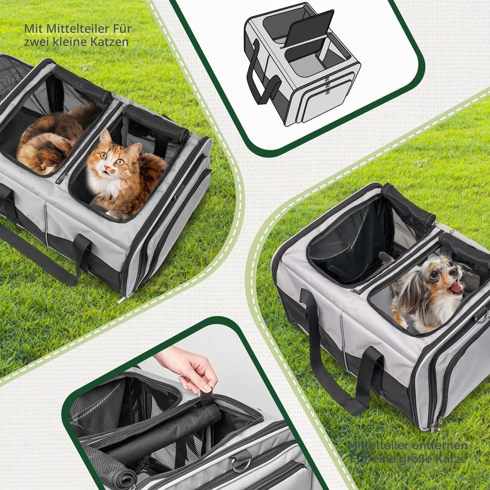 Katzentransportbox für 2 Katzen, Faltbar & Erweiterbar, Mit 2 Klappkatzenklos & Trennwand, Atmungsaktiv, Für Auto & Reise,Bis 7kg Belastbar, Grau
