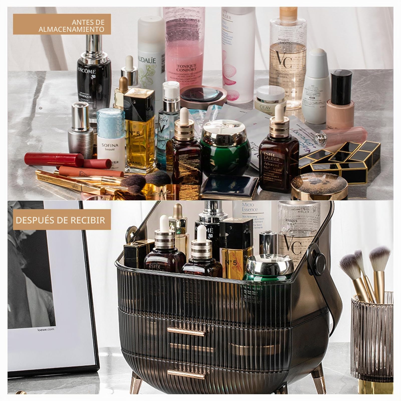 Caja de almacenamiento de cosméticos resistente al agua y polvo, organizador de belleza con tapa, asa de transporte, 2 cajones, pantalla portátil para baño y tocador